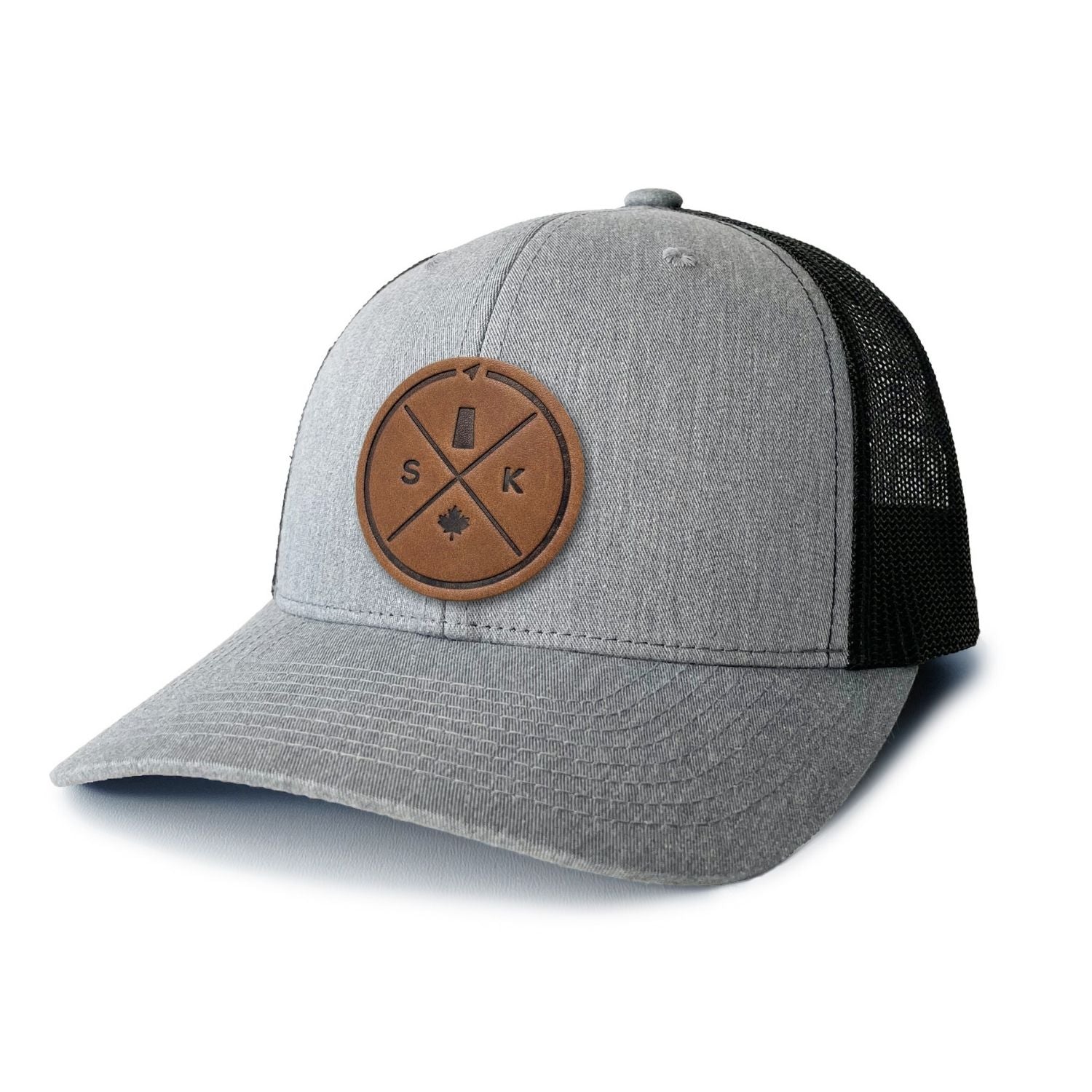 Heather Grey trucker hat with full-grain leather patch of Saskatchewan Compass | BLACK-002-021, CHARC-002-021, NAVY-002-021, HGREY-002-021, MOSS-002-021, BROWN-002-021