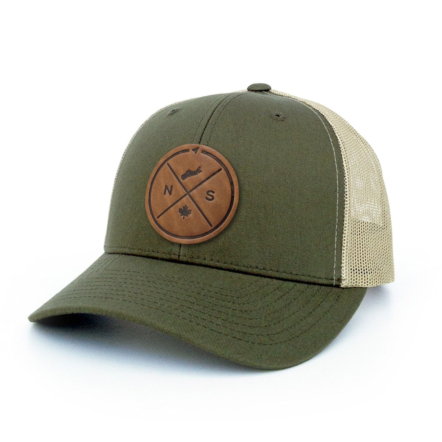 Moss Green trucker hat with full-grain leather patch of Nova Scotia Compass | BLACK-002-024, CHARC-002-024, NAVY-002-024, HGREY-002-024, MOSS-002-024, BROWN-002-024