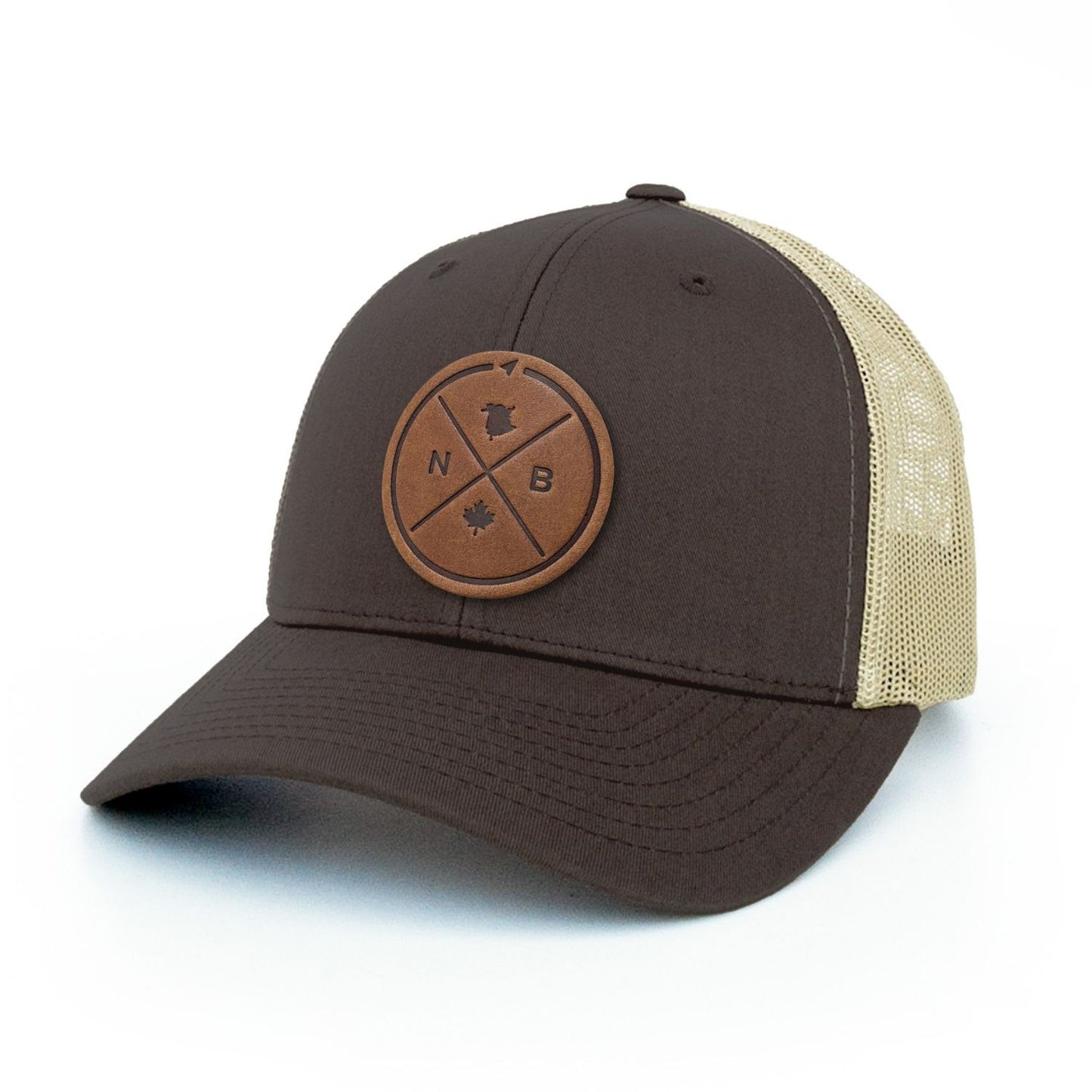 Brown trucker hat with full-grain leather patch of New Brunswick Compass | BLACK-002-025, CHARC-002-025, NAVY-002-025, HGREY-002-025, MOSS-002-025, BROWN-002-025