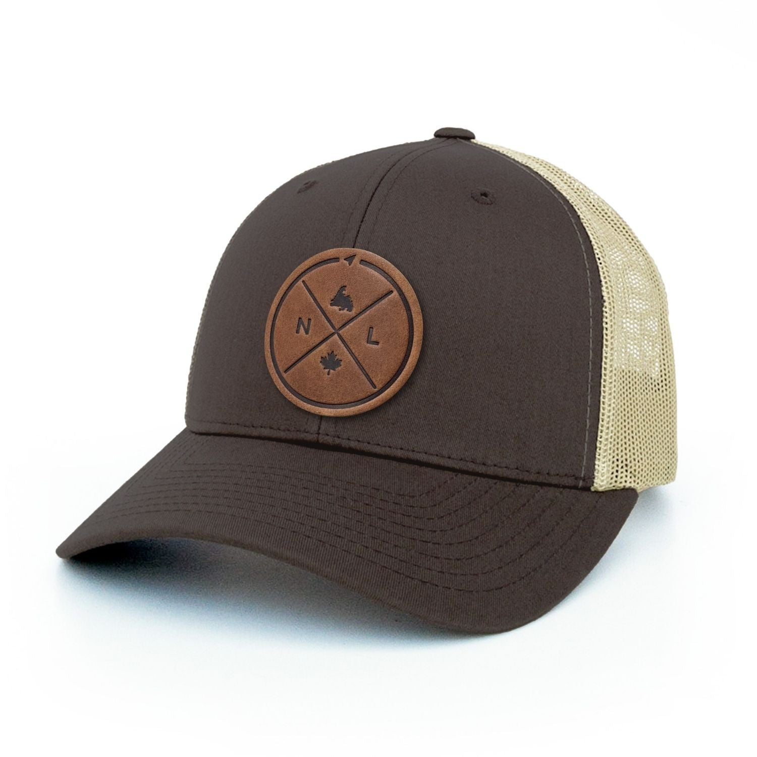 Brown trucker hat with full-grain leather patch of Newfoundland Compass | BLACK-002-027, CHARC-002-027, NAVY-002-027, HGREY-002-027, MOSS-002-027, BROWN-002-027