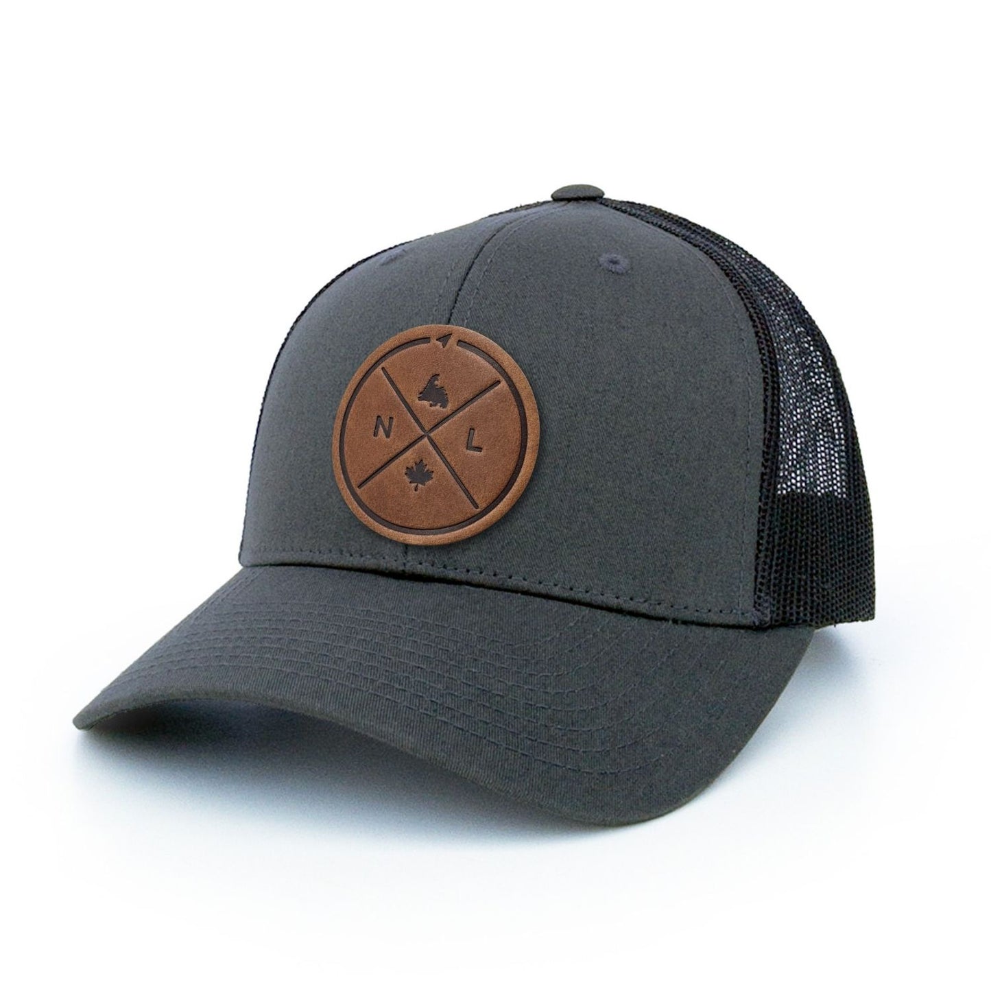 Charcoal trucker hat with full-grain leather patch of Newfoundland Compass | BLACK-002-027, CHARC-002-027, NAVY-002-027, HGREY-002-027, MOSS-002-027, BROWN-002-027