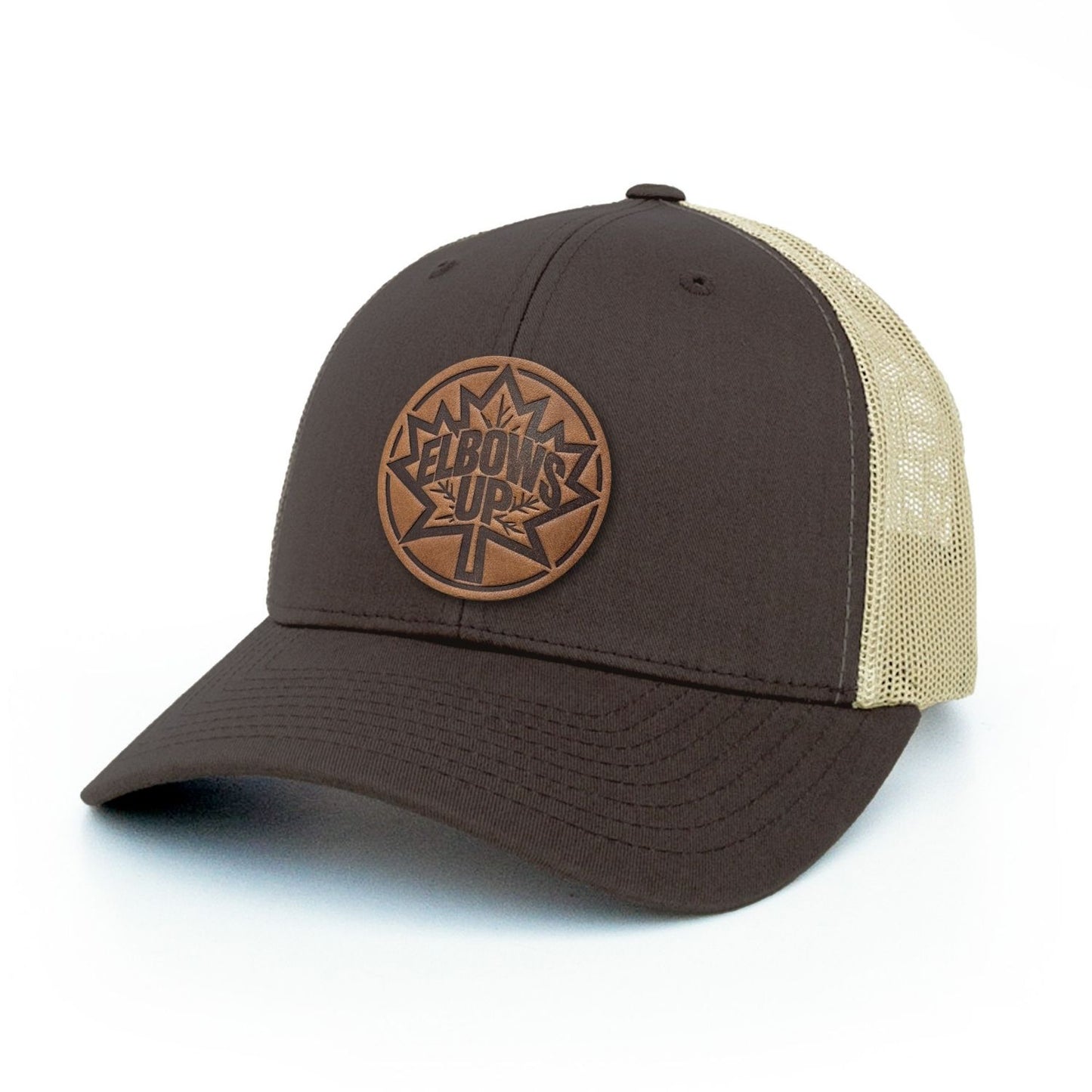 Brown trucker hat with full-grain leather patch of Elbows Up Canadian trucker hat | BLACK-002-028, CHARC-002-028, NAVY-002-028, HGREY-002-028, MOSS-002-028, BROWN-002-028