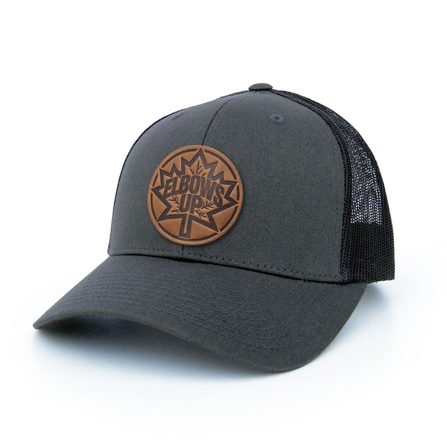 Charcoal trucker hat with full-grain leather patch of Elbows Up Canadian trucker hat | BLACK-002-028, CHARC-002-028, NAVY-002-028, HGREY-002-028, MOSS-002-028, BROWN-002-028
