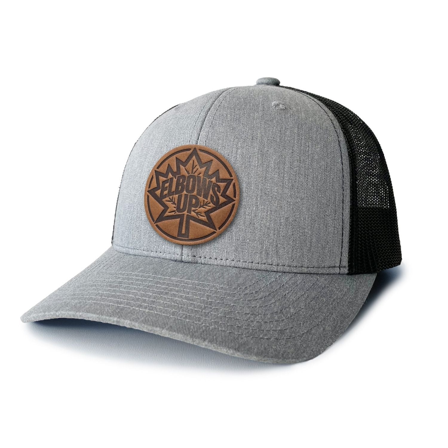 Heather Grey trucker hat with full-grain leather patch of Elbows Up Canadian trucker hat | BLACK-002-028, CHARC-002-028, NAVY-002-028, HGREY-002-028, MOSS-002-028, BROWN-002-028
