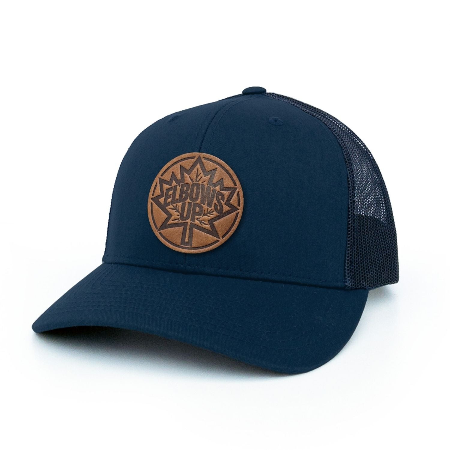 Navy trucker hat with full-grain leather patch of Elbows Up Canadian trucker hat | BLACK-002-028, CHARC-002-028, NAVY-002-028, HGREY-002-028, MOSS-002-028, BROWN-002-028