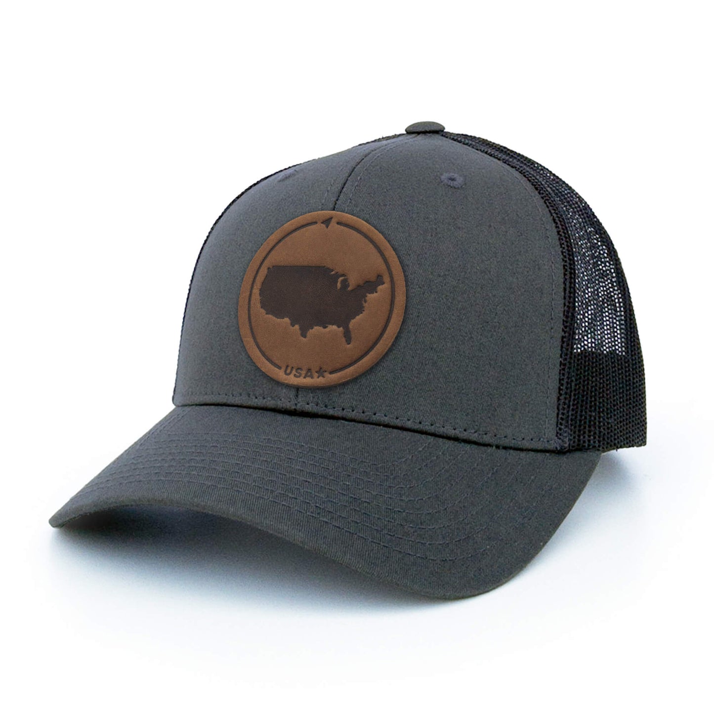Charcoal trucker hat with full-grain leather patch of USA | BLACK-003-001, CHARC-003-001, NAVY-003-001, HGREY-003-001, MOSS-003-001, BROWN-003-001
