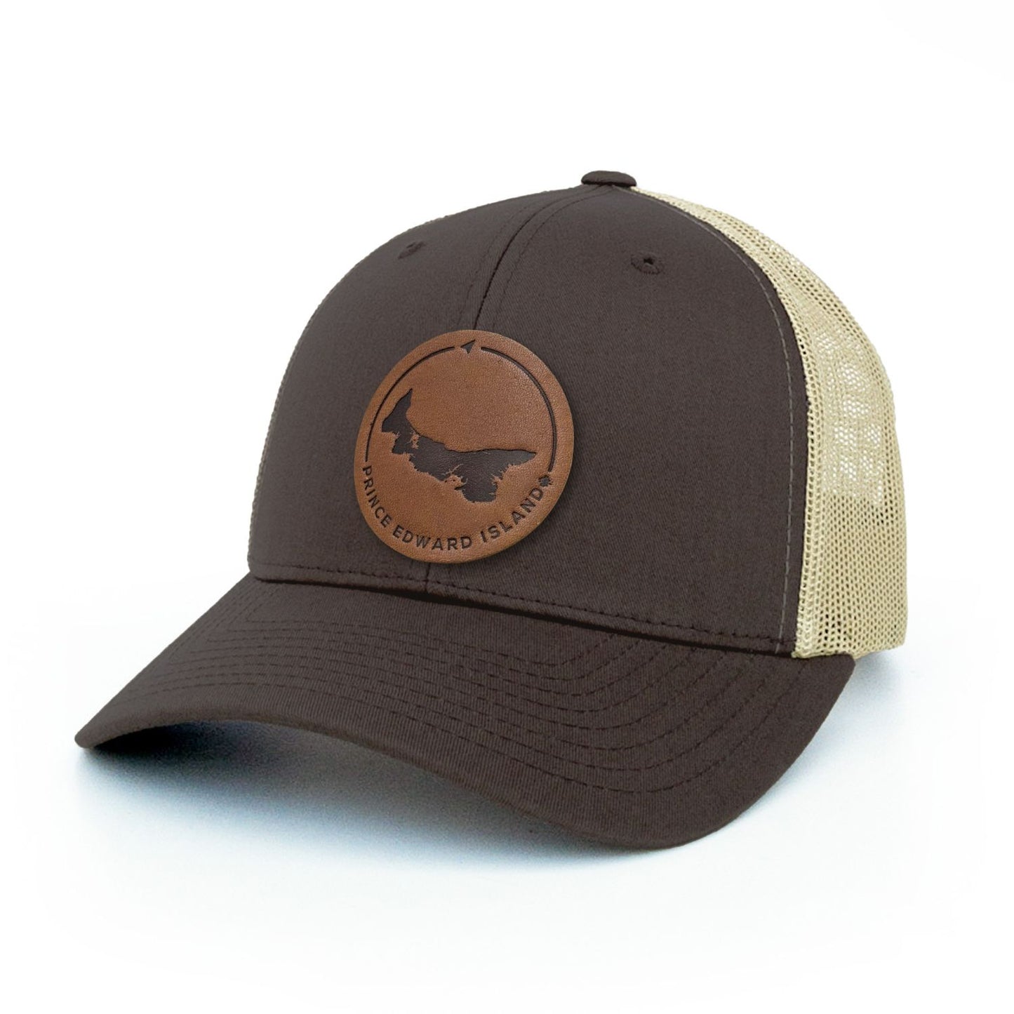 Brown trucker hat with full-grain leather patch of Prince Edward Island PEI | BLACK-002-016, CHARC-002-016, NAVY-002-016, HGREY-002-016, MOSS-002-016, BROWN-002-016
