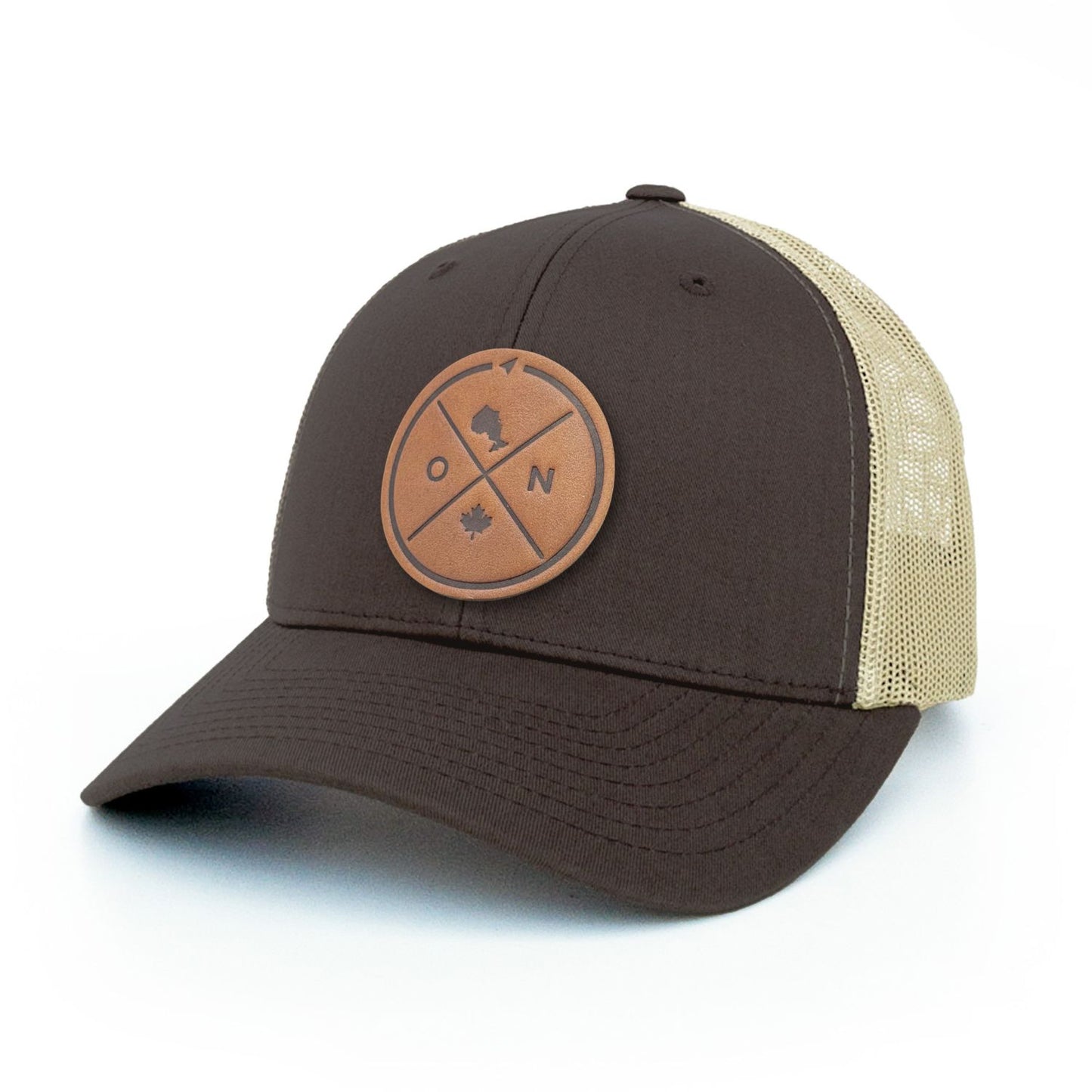Brown trucker hat with full-grain leather patch of Ontario Compass | BLACK-002-018, CHARC-002-018, NAVY-002-018, HGREY-002-018, MOSS-002-018, BROWN-002-018