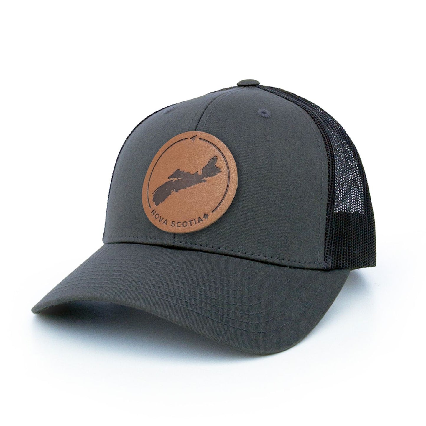 Charcoal trucker hat with full-grain leather patch of Nova Scotia | BLACK-002-014, CHARC-002-014, NAVY-002-014, HGREY-002-014, MOSS-002-014, BROWN-002-014