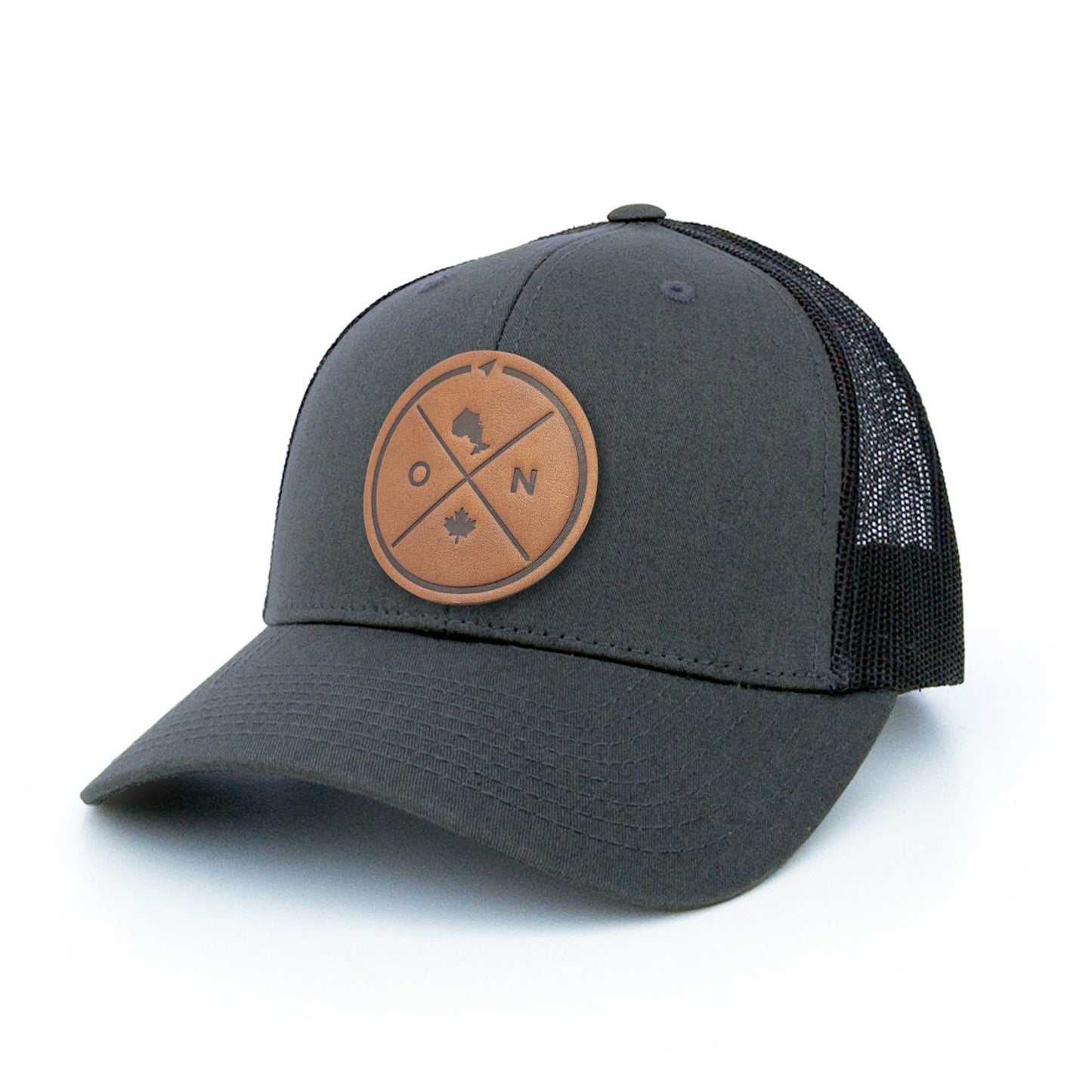 Charcoal trucker hat with full-grain leather patch of Ontario Compass | BLACK-002-018, CHARC-002-018, NAVY-002-018, HGREY-002-018, MOSS-002-018, BROWN-002-018