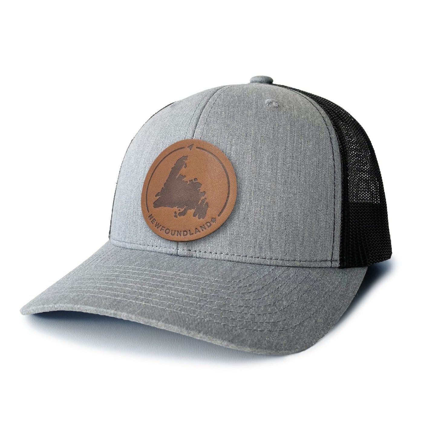 Heather Grey trucker hat with full-grain leather patch of Newfoundland | BLACK-002-017, CHARC-002-017, NAVY-002-017, HGREY-002-017, MOSS-002-017, BROWN-002-017