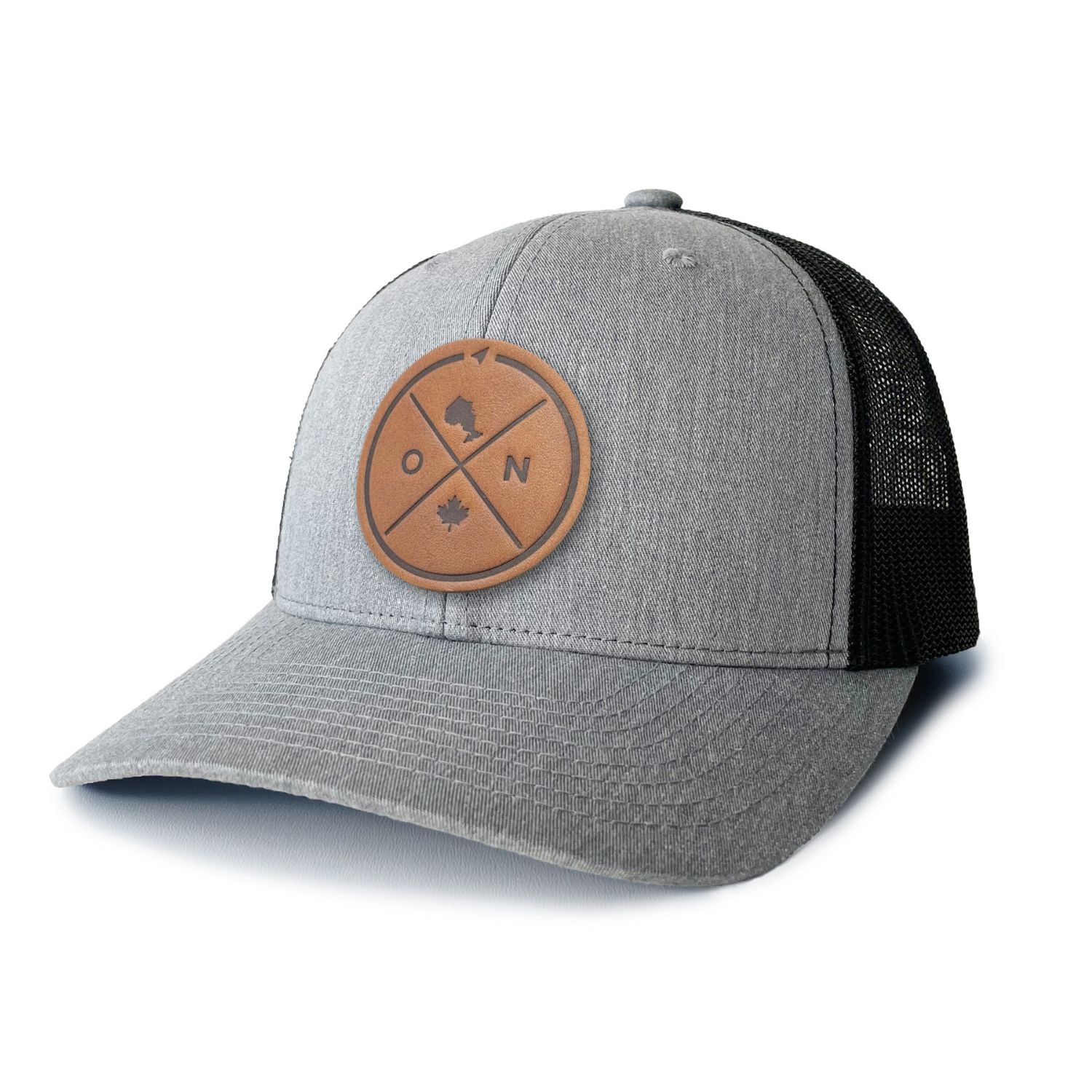 Heather Grey trucker hat with full-grain leather patch of Ontario Compass | BLACK-002-018, CHARC-002-018, NAVY-002-018, HGREY-002-018, MOSS-002-018, BROWN-002-018
