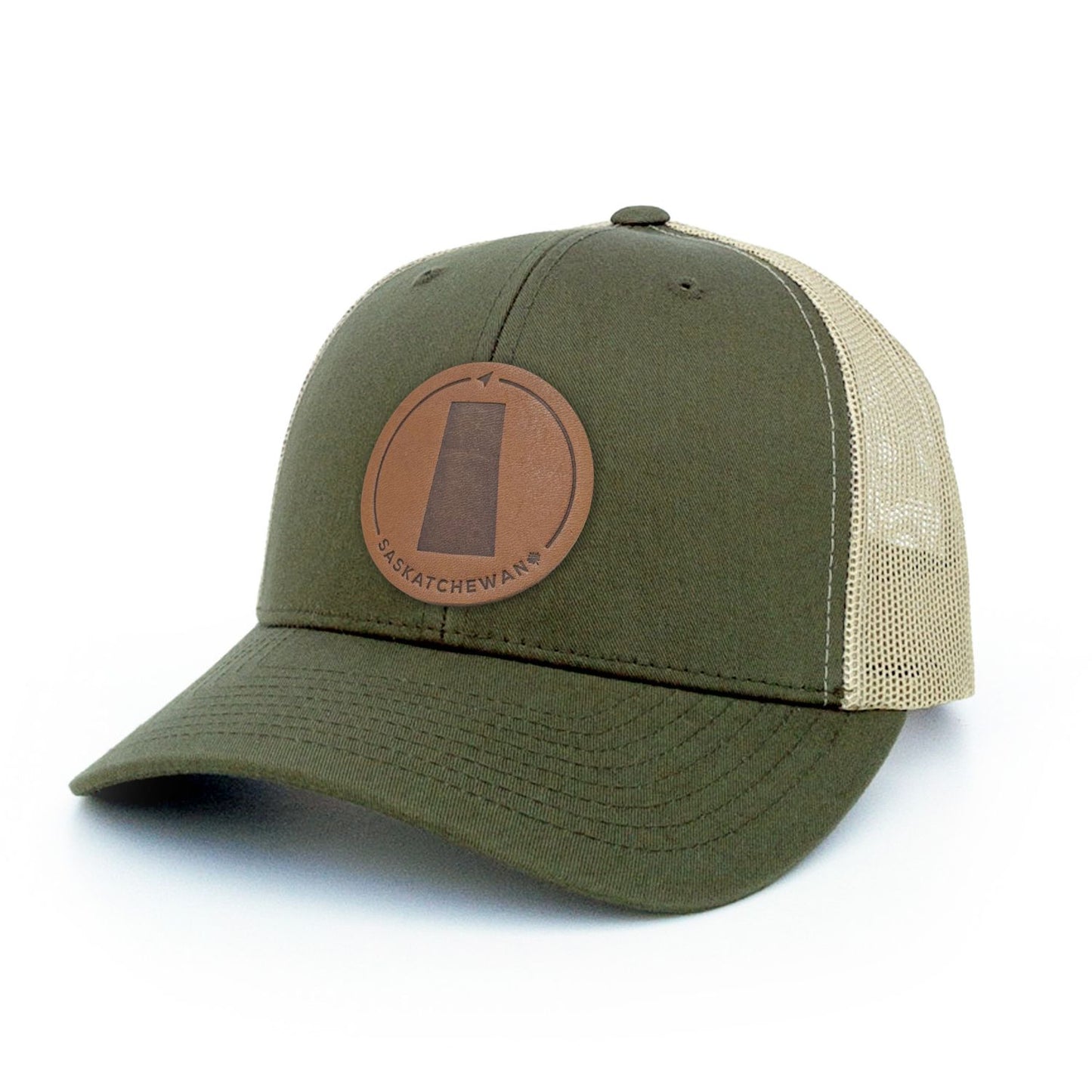 Moss Green trucker hat with full-grain leather patch of Saskatchewan | BLACK-002-012, CHARC-002-012, NAVY-002-012, HGREY-002-012, MOSS-002-012, BROWN-002-012