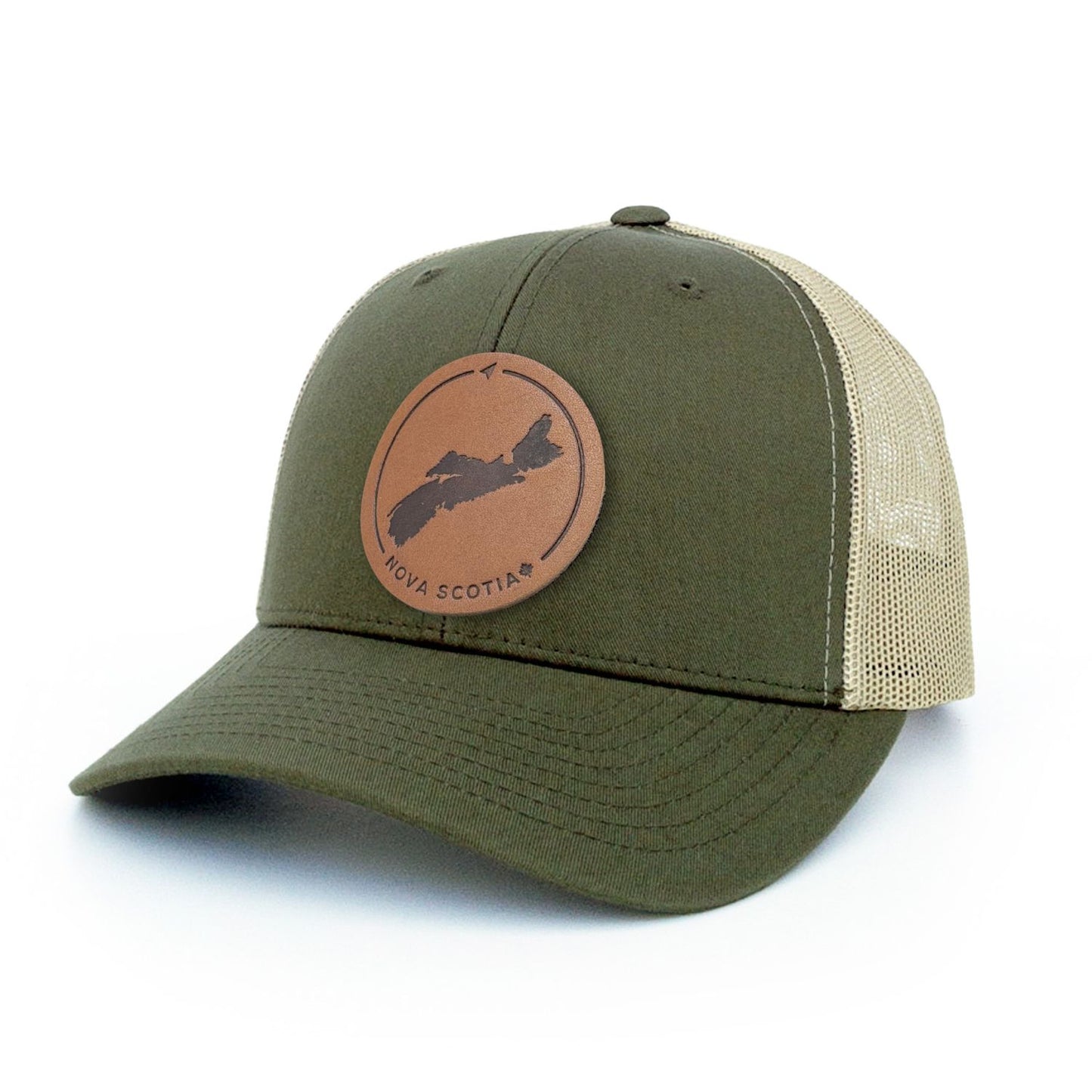 Moss Green trucker hat with full-grain leather patch of Nova Scotia | BLACK-002-014, CHARC-002-014, NAVY-002-014, HGREY-002-014, MOSS-002-014, BROWN-002-014