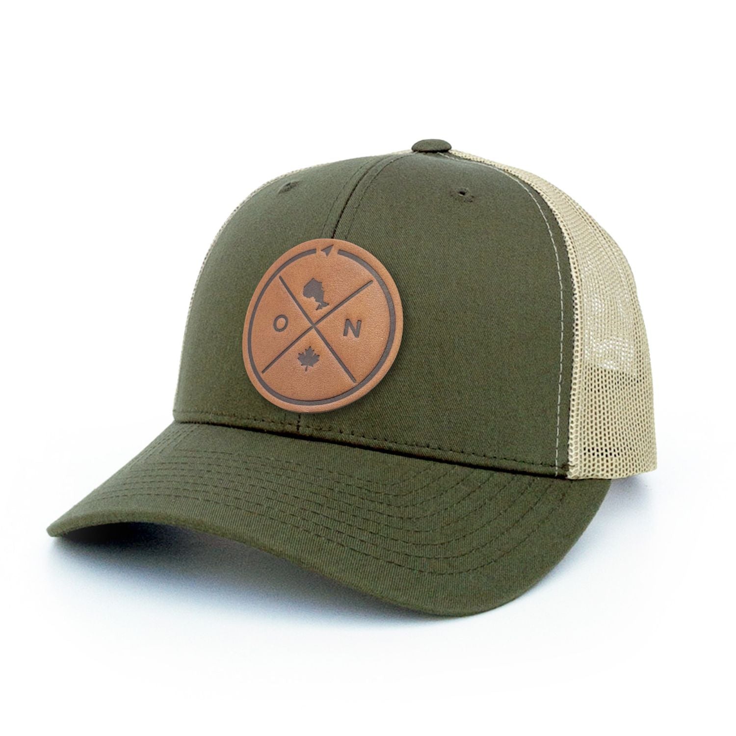 Moss Green trucker hat with full-grain leather patch of Ontario Compass | BLACK-002-018, CHARC-002-018, NAVY-002-018, HGREY-002-018, MOSS-002-018, BROWN-002-018