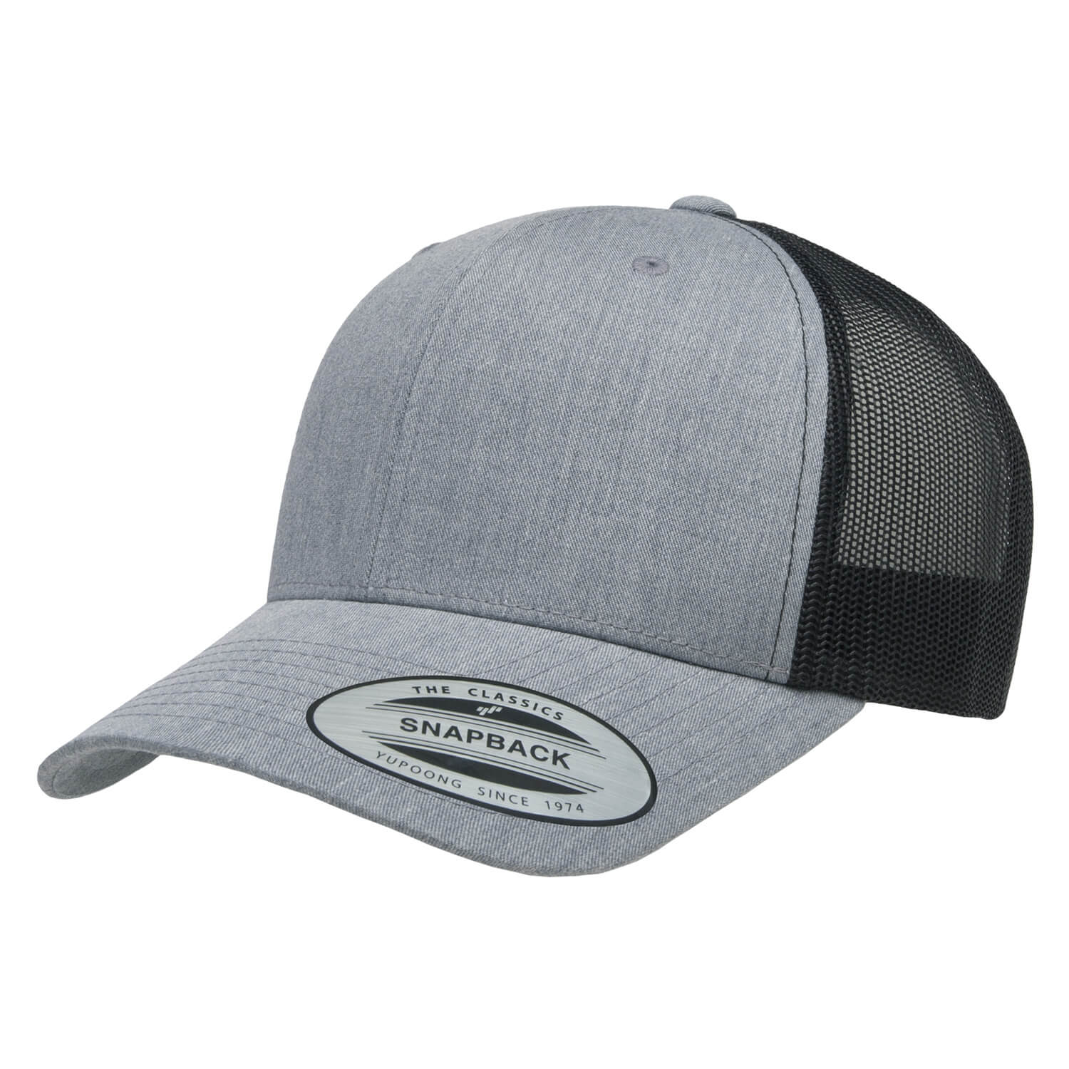 byward outfitters custom hats, custom leather patch trucker hat in heather grey and black