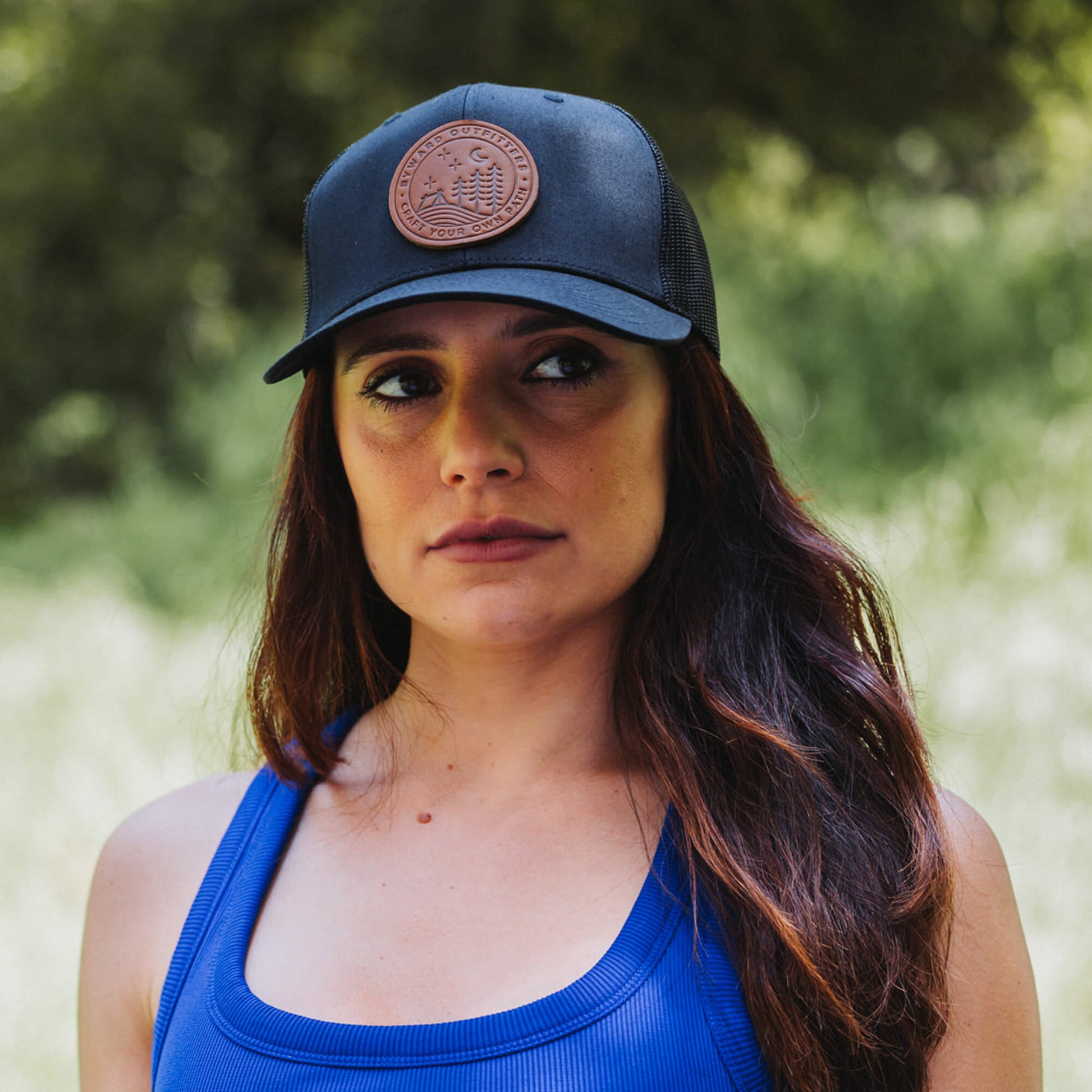 Navy trucker hat with full-grain leather patch of Stellar Night | BLACK-005-001, CHARC-005-001, NAVY-005-001, HGREY-005-001, MOSS-005-001, BROWN-005-001