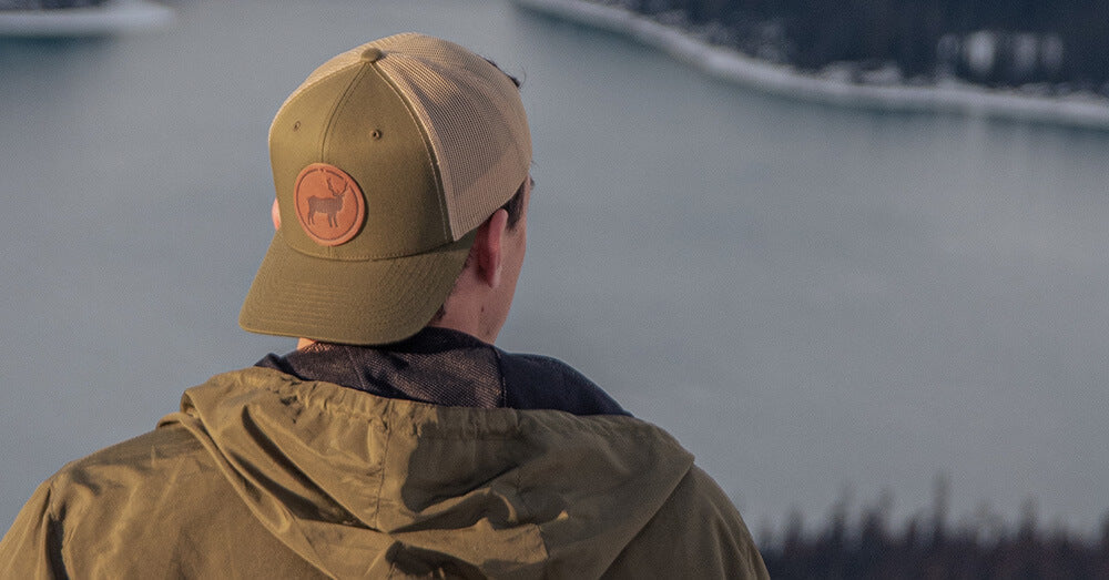 Leather Patch Hats by Byward Outfitters, featuring trucker hat with an elk design