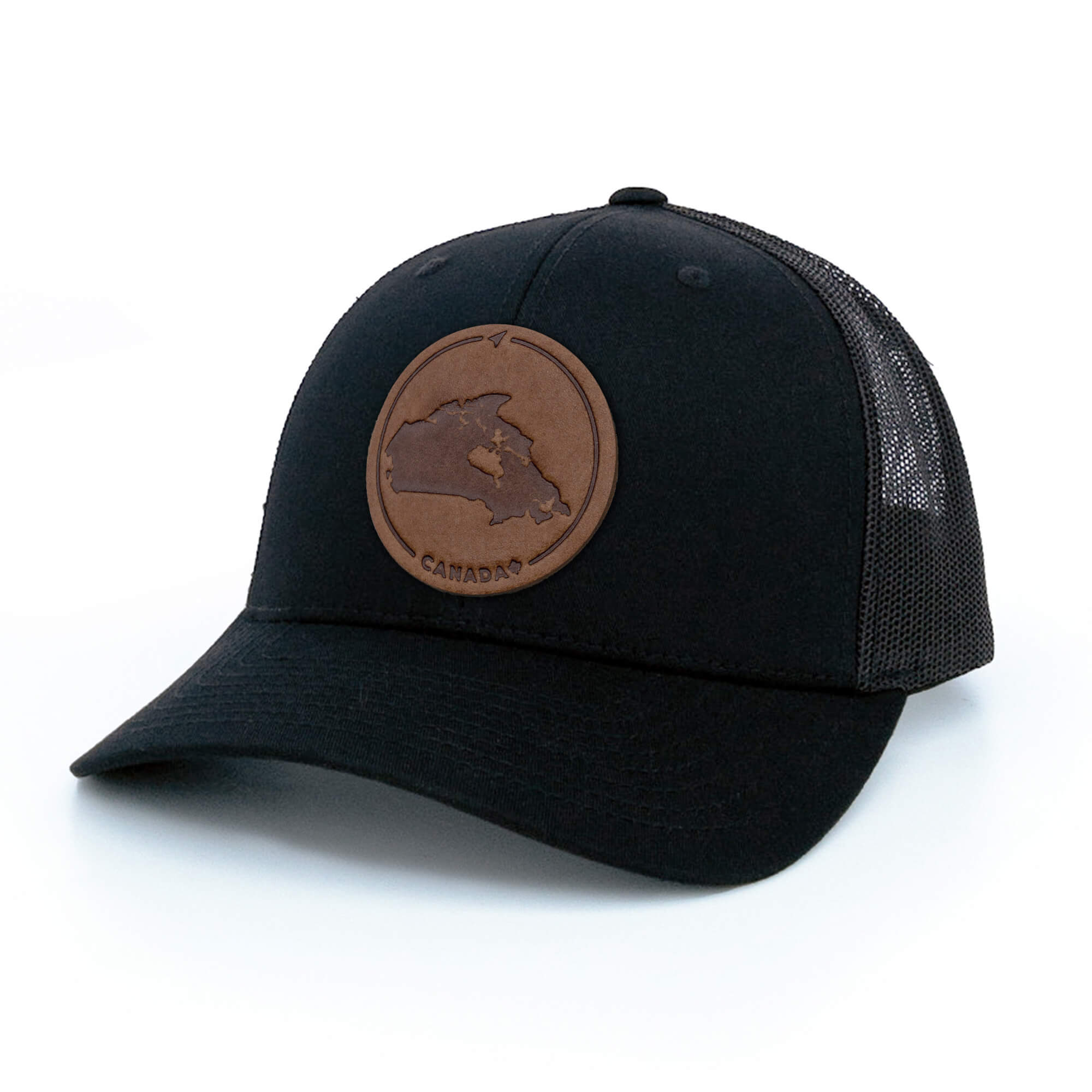Black trucker hat with full-grain leather patch of Canada | BLACK-002-002, CHARC-002-002, NAVY-002-002, HGREY-002-002, MOSS-002-002, BROWN-002-002, RED-002-002