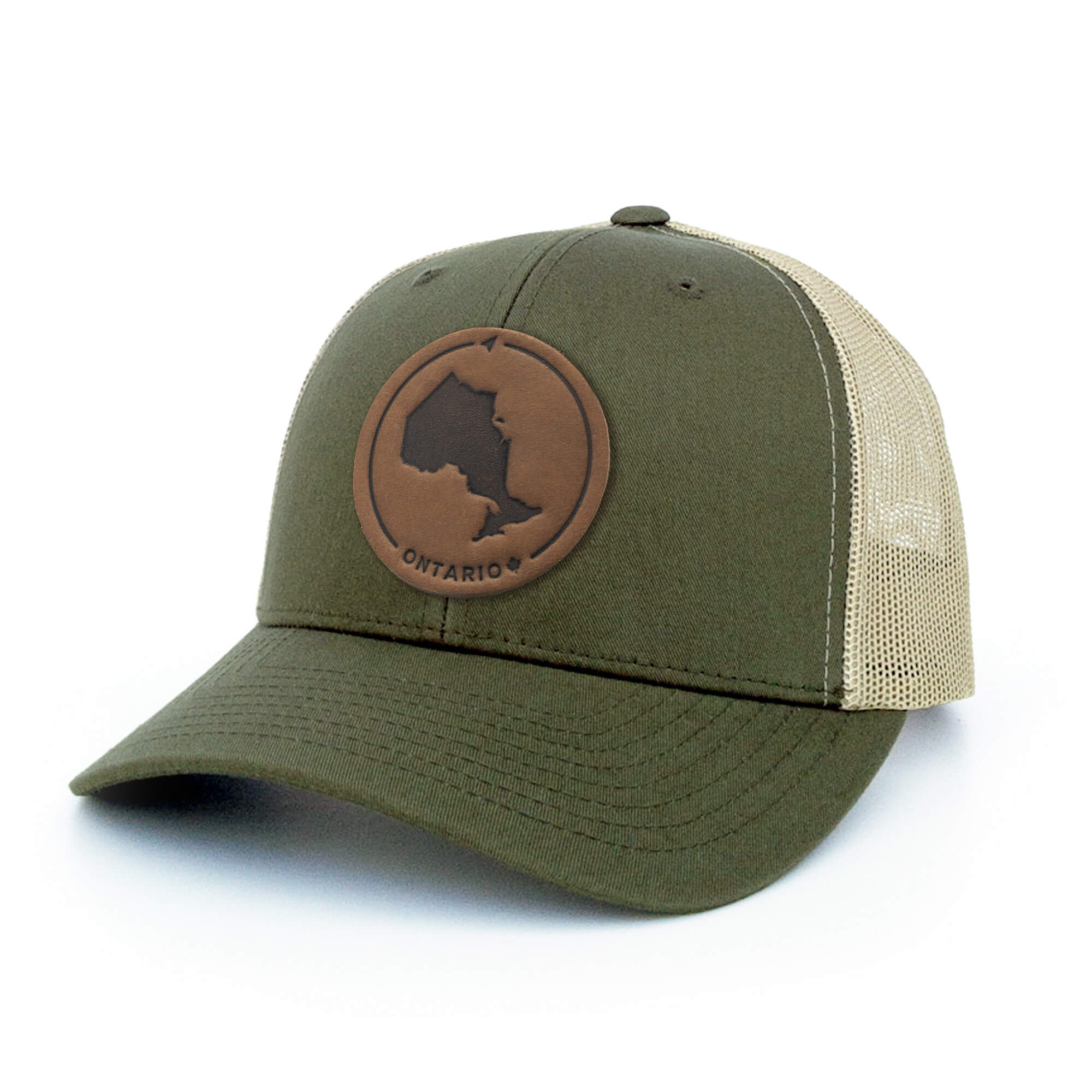 Moss Green and khaki trucker hat with full-grain leather patch of Ontario | BLACK-002-003, CHARC-002-003, NAVY-002-003, HGREY-002-003, MOSS-002-003, BROWN-002-003