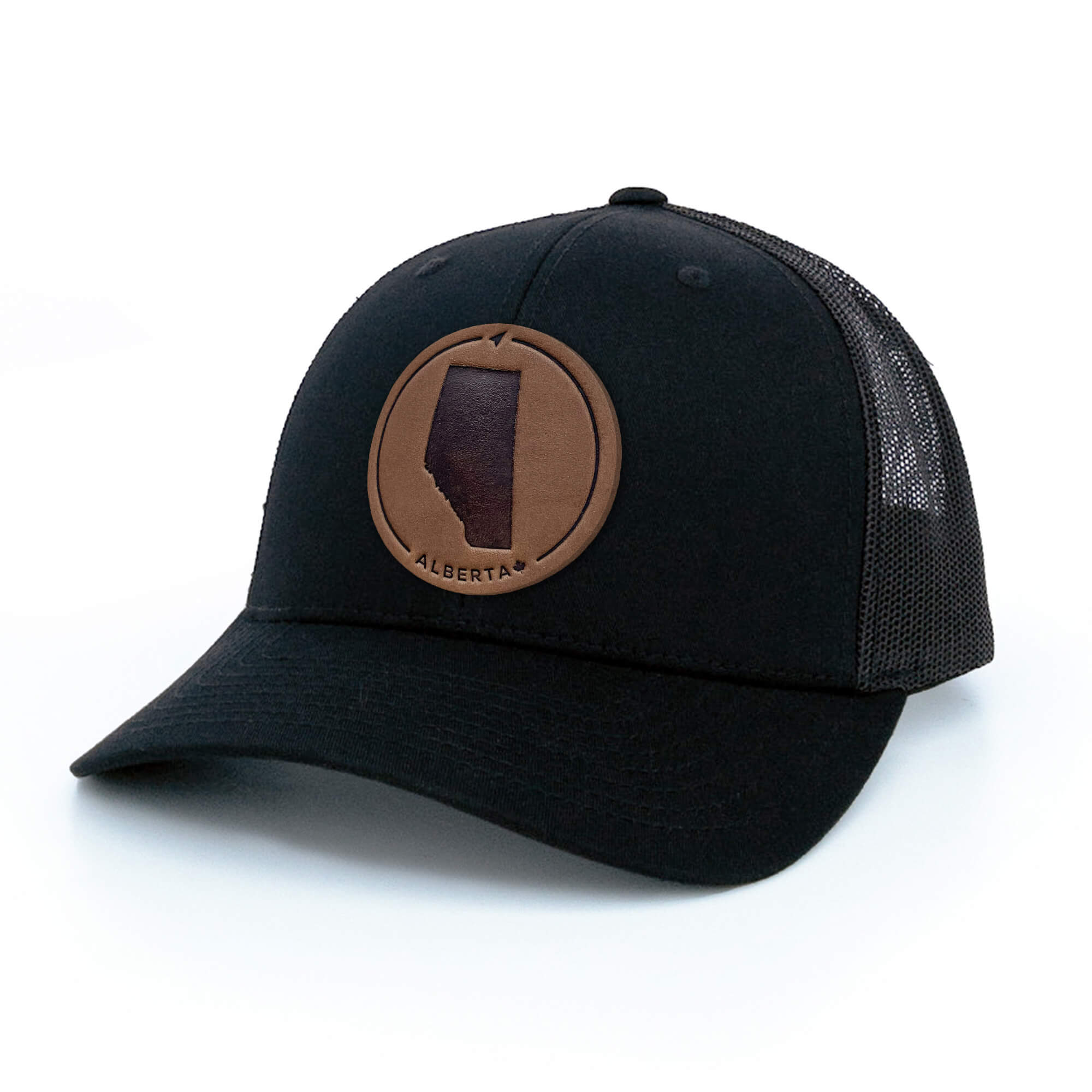 Black trucker hat with full-grain leather patch of Alberta | BLACK-002-005, CHARC-002-005, NAVY-002-005, HGREY-002-005, MOSS-002-005, BROWN-002-005