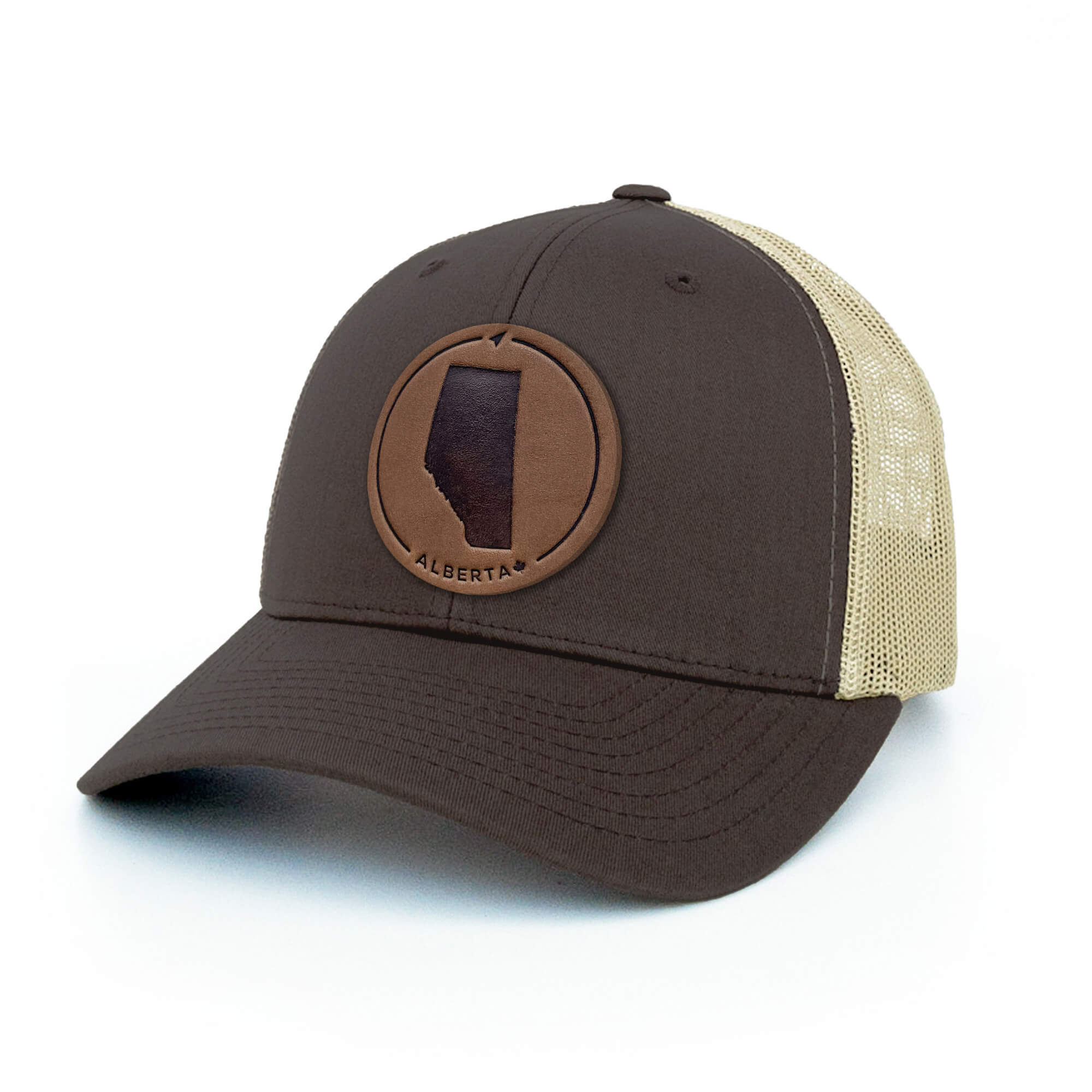 Brown and khaki trucker hat with full-grain leather patch of Alberta | BLACK-002-005, CHARC-002-005, NAVY-002-005, HGREY-002-005, MOSS-002-005, BROWN-002-005