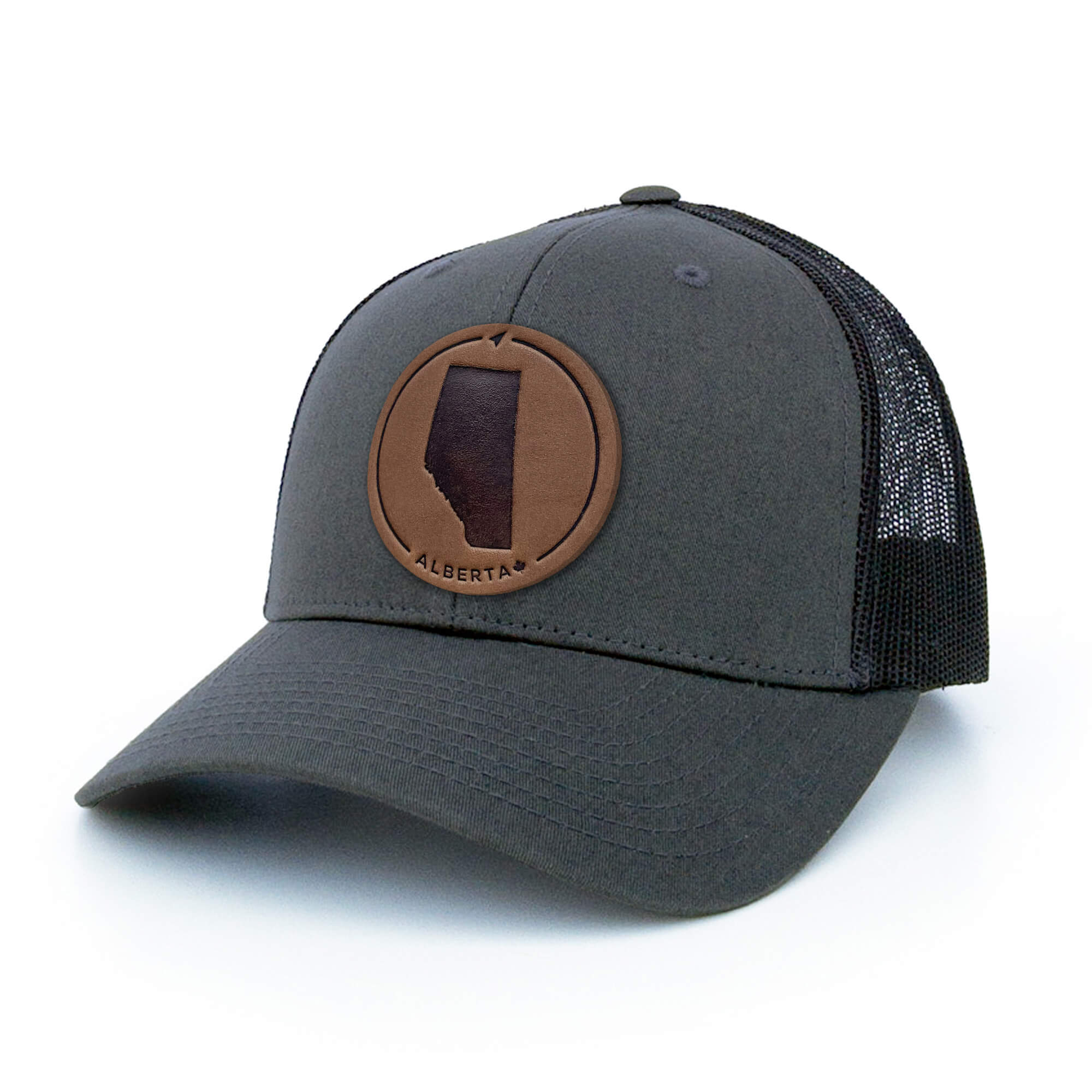 Charcoal trucker hat with full-grain leather patch of Alberta | BLACK-002-005, CHARC-002-005, NAVY-002-005, HGREY-002-005, MOSS-002-005, BROWN-002-005