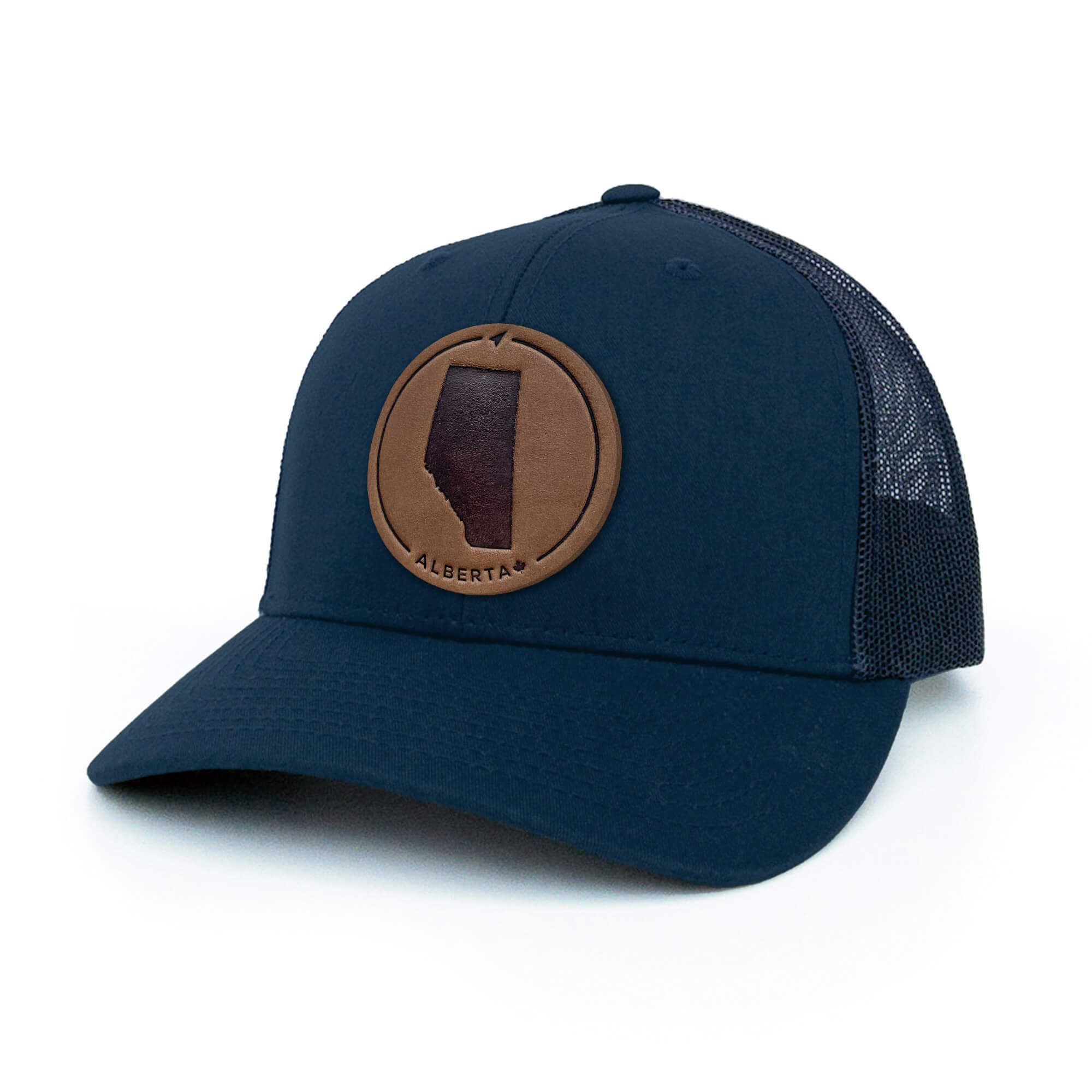 Navy trucker hat with full-grain leather patch of Alberta | BLACK-002-005, CHARC-002-005, NAVY-002-005, HGREY-002-005, MOSS-002-005, BROWN-002-005