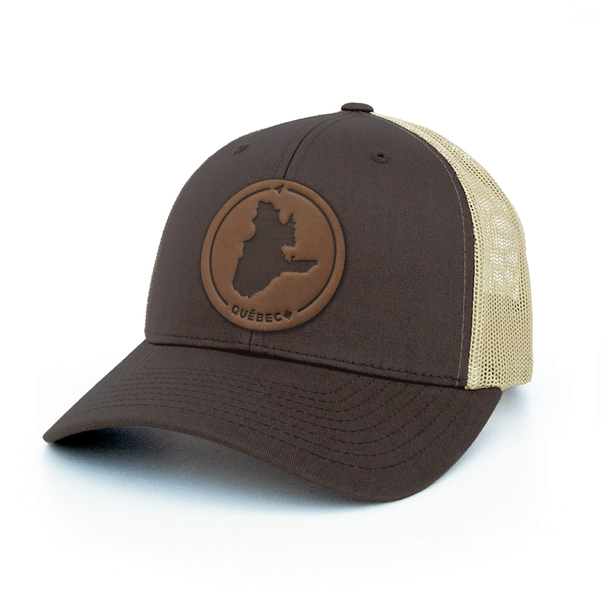 Brown and khaki trucker hat with full-grain leather patch of Québec | BLACK-002-006, CHARC-002-006, NAVY-002-006, HGREY-002-006, MOSS-002-006, BROWN-002-006