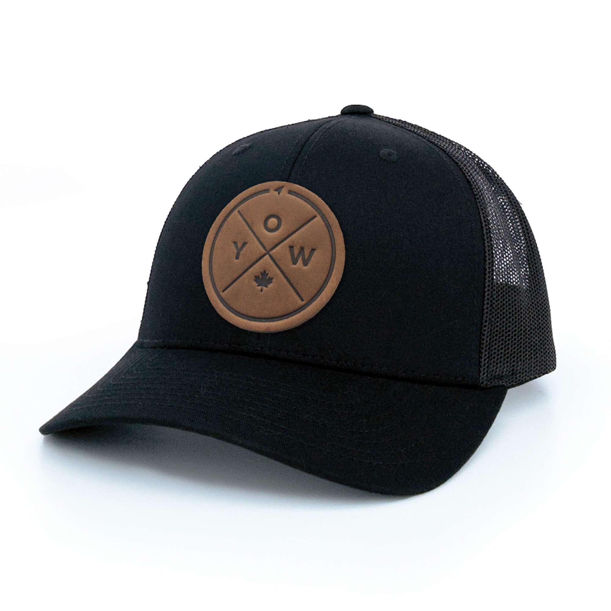 Black trucker hat with full-grain leather patch with YOW embossing | BLACK-002-008, CHARC-002-008, NAVY-002-008, HGREY-002-008, MOSS-002-008, BROWN-002-008