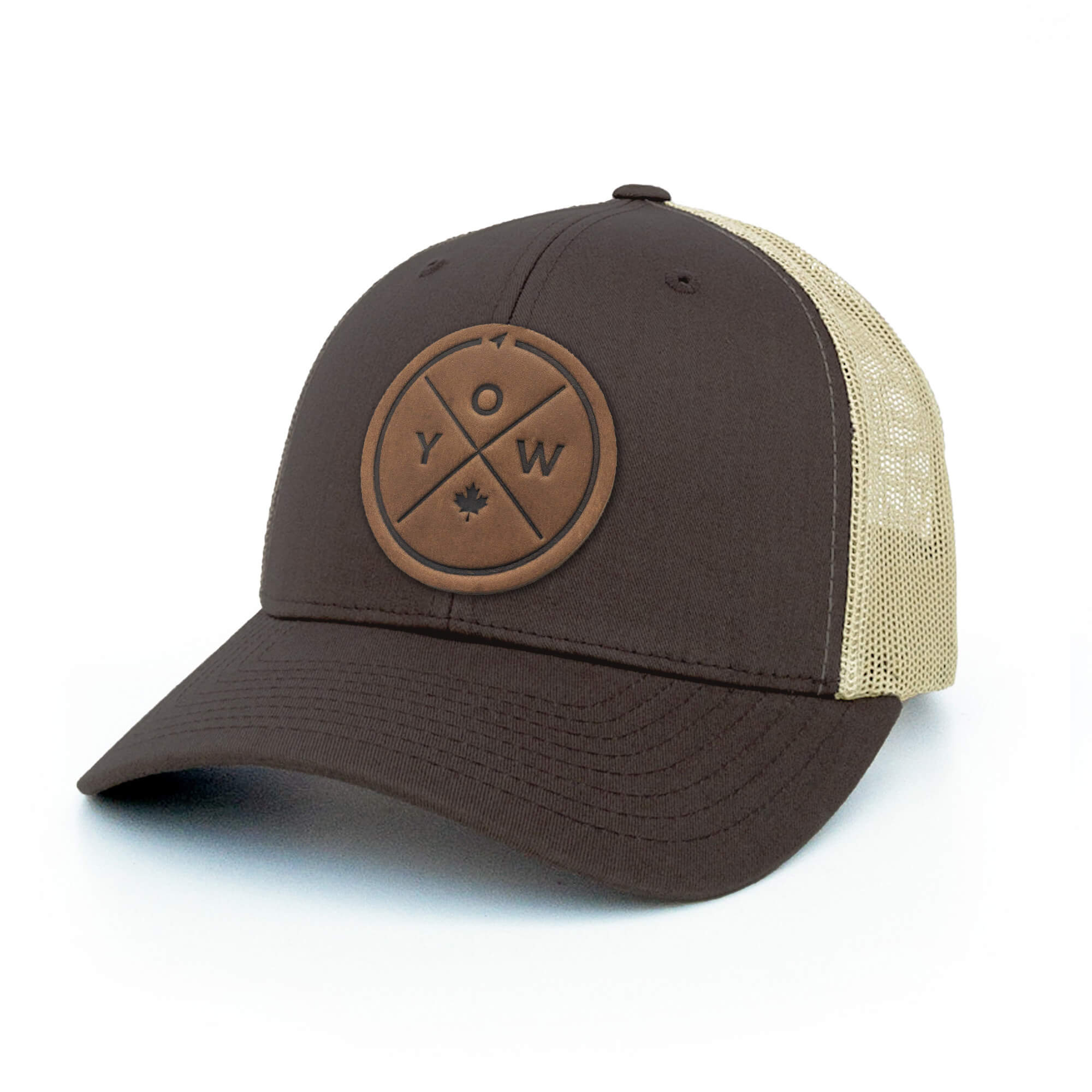 Brown and khaki trucker hat with full-grain leather patch with YOW embossing | BLACK-002-008, CHARC-002-008, NAVY-002-008, HGREY-002-008, MOSS-002-008, BROWN-002-008