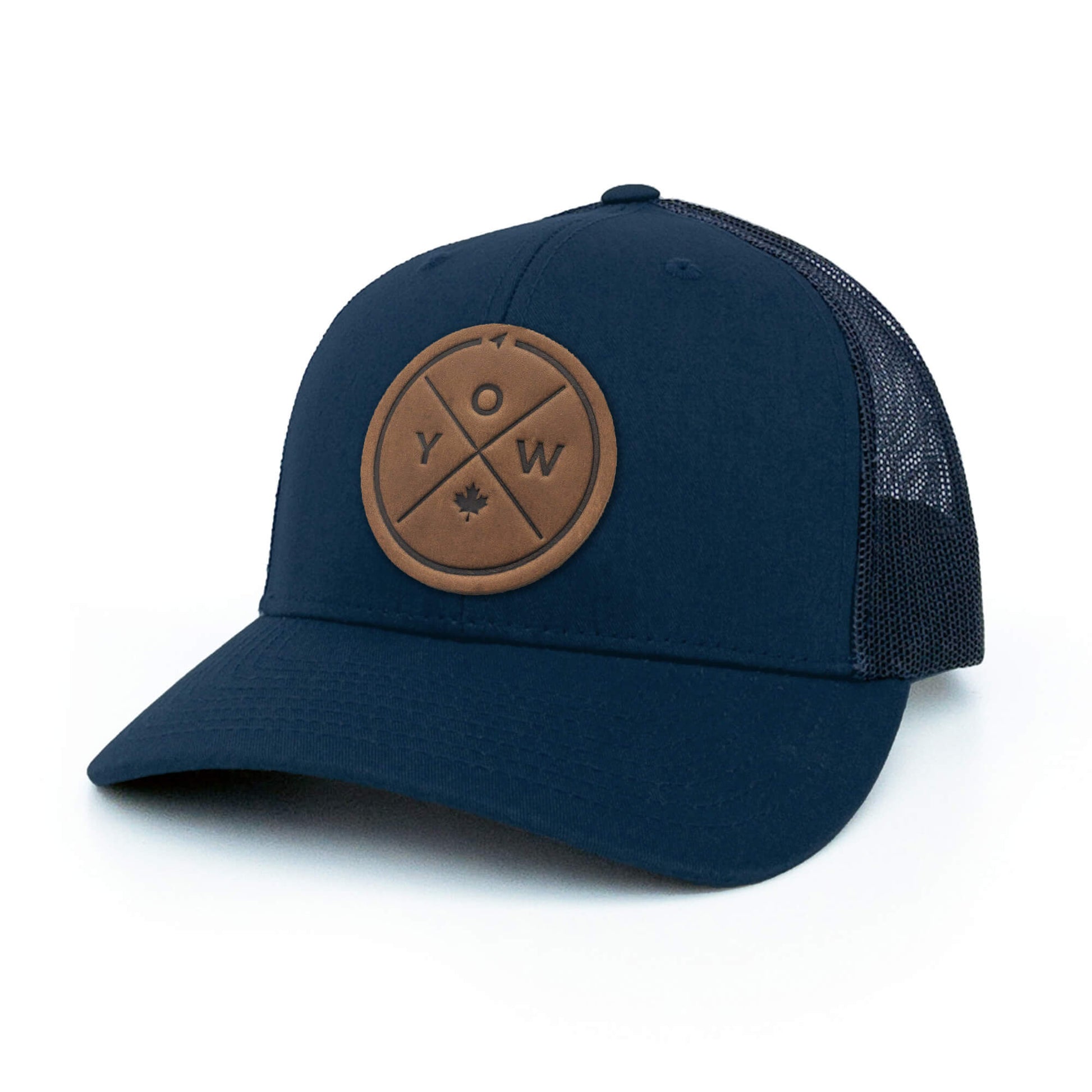 Navy trucker hat with full-grain leather patch with YOW embossing | BLACK-002-008, CHARC-002-008, NAVY-002-008, HGREY-002-008, MOSS-002-008, BROWN-002-008