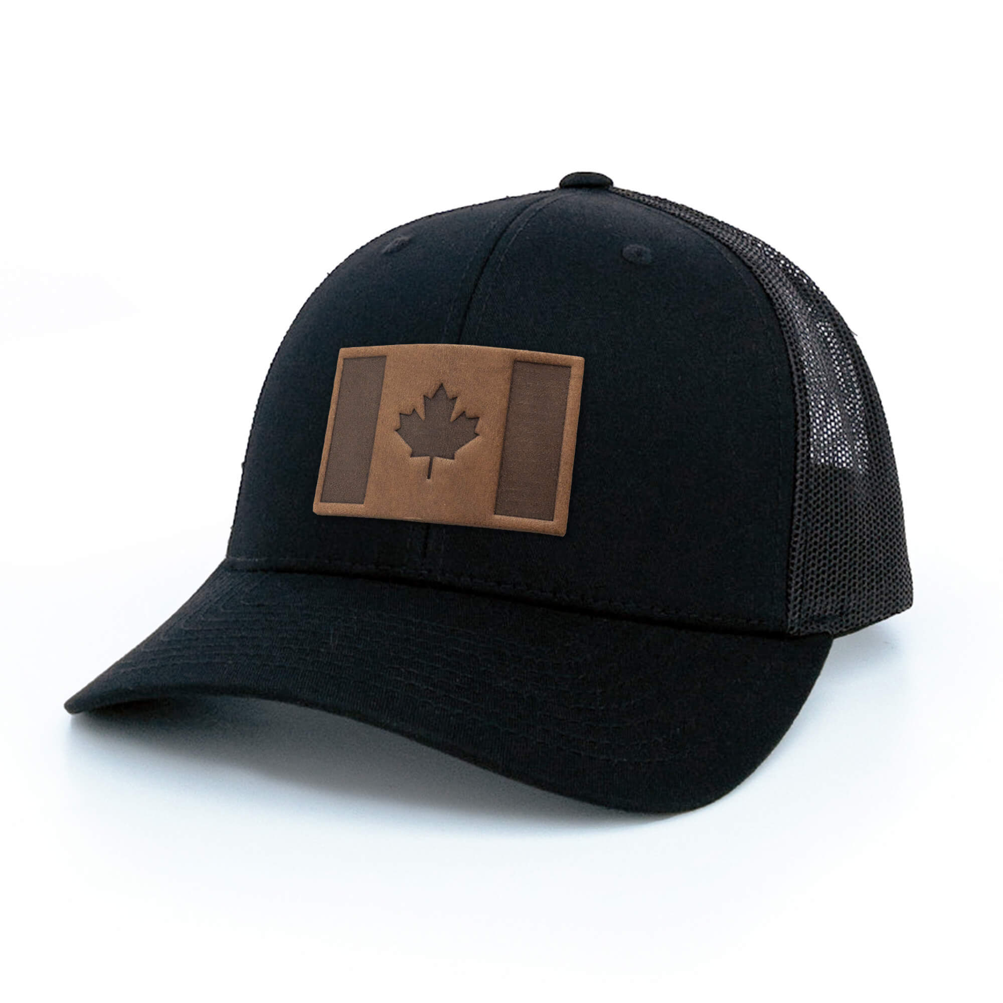 Black trucker hat with full-grain leather patch of Canada Flag | BLACK-002-009, CHARC-002-009, NAVY-002-009, HGREY-002-009, MOSS-002-009, BROWN-002-009, RED-002-009