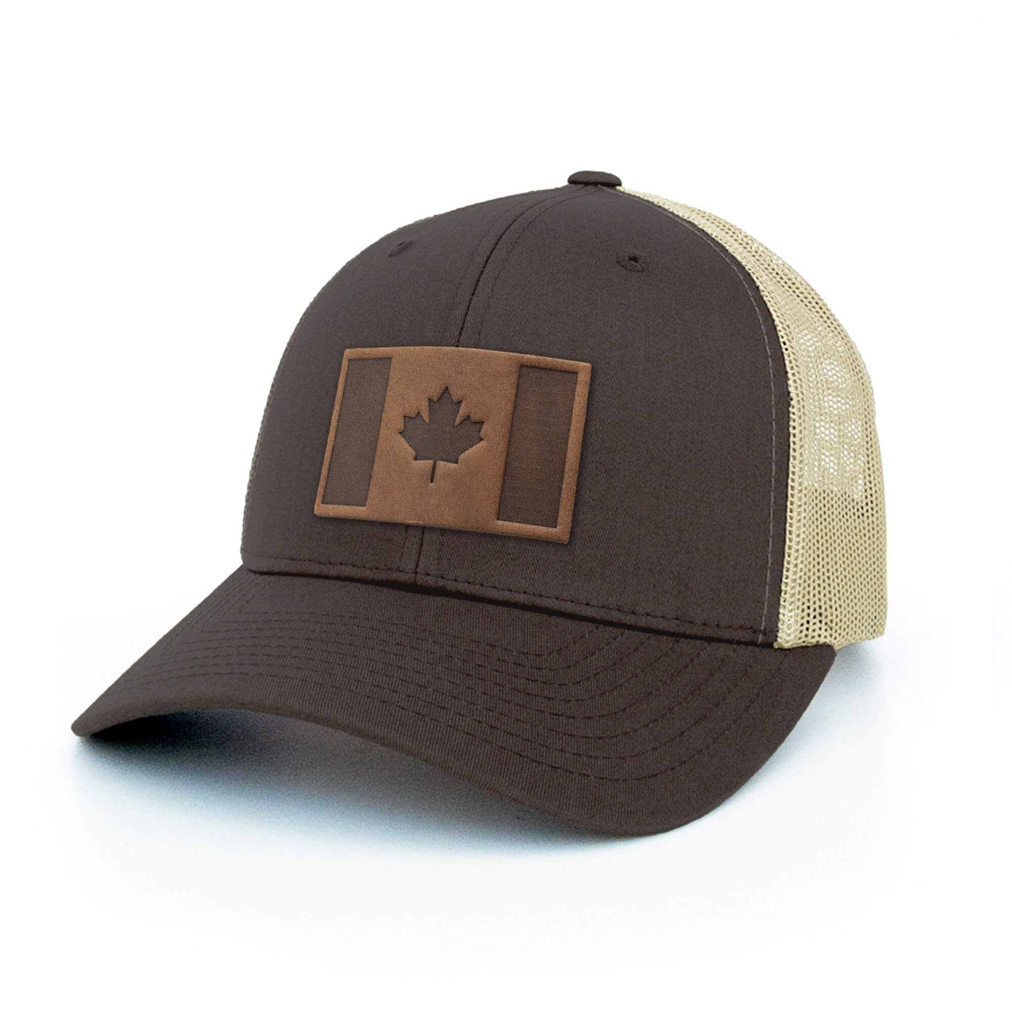 Brown and khaki trucker hat with full-grain leather patch of Canada Flag | BLACK-002-009, CHARC-002-009, NAVY-002-009, HGREY-002-009, MOSS-002-009, BROWN-002-009, RED-002-009