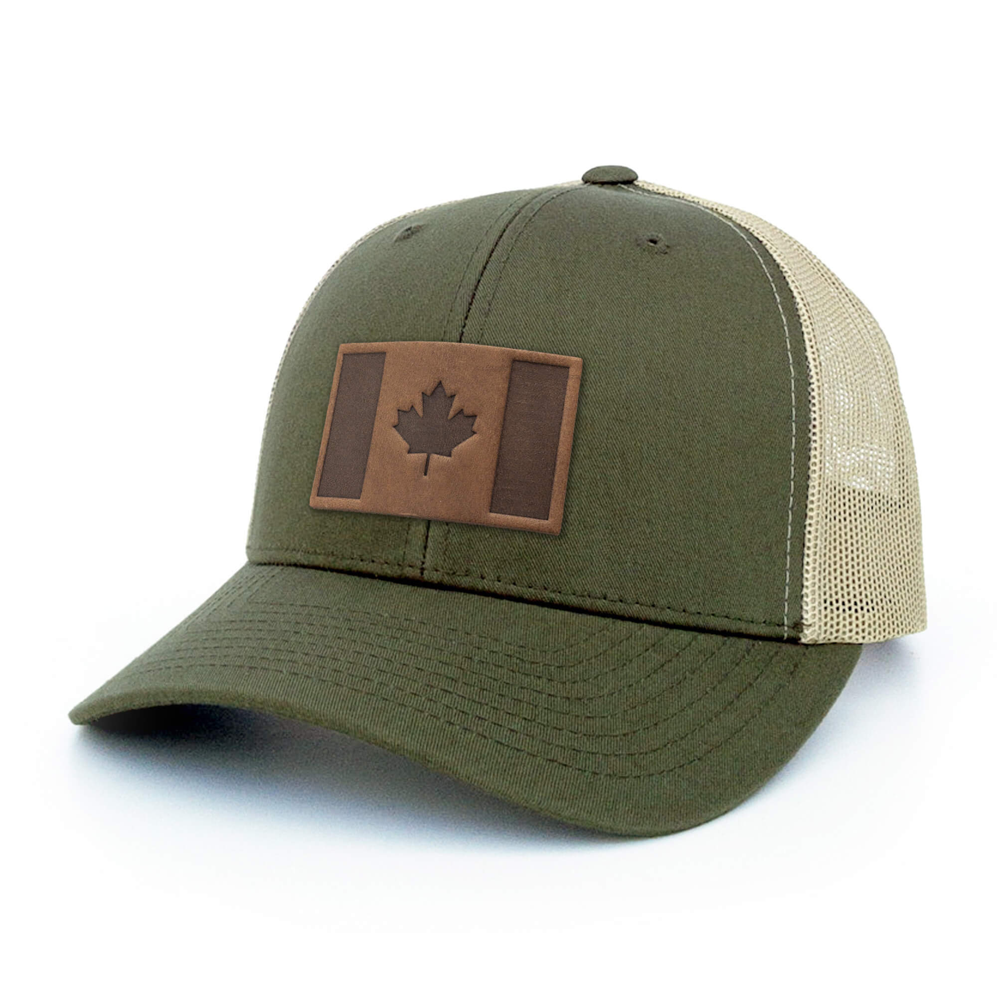 Moss Green and khaki trucker hat with full-grain leather patch of Canada Flag | BLACK-002-009, CHARC-002-009, NAVY-002-009, HGREY-002-009, MOSS-002-009, BROWN-002-009, RED-002-009