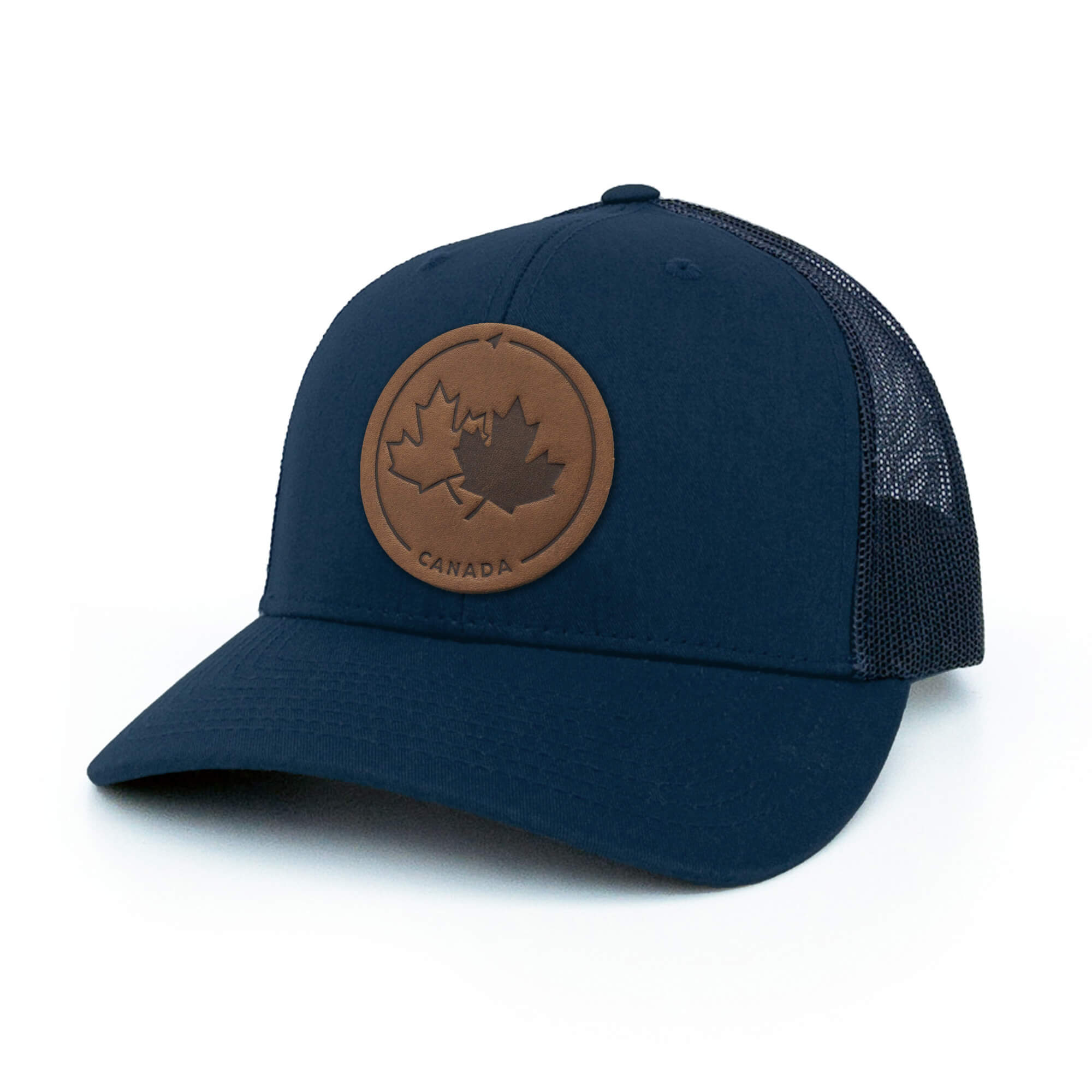 Navy trucker hat with full-grain leather patch of Canada Strong and Free | BLACK-002-010, CHARC-002-010, NAVY-002-010, HGREY-002-010, MOSS-002-010, BROWN-002-010, RED-002-010