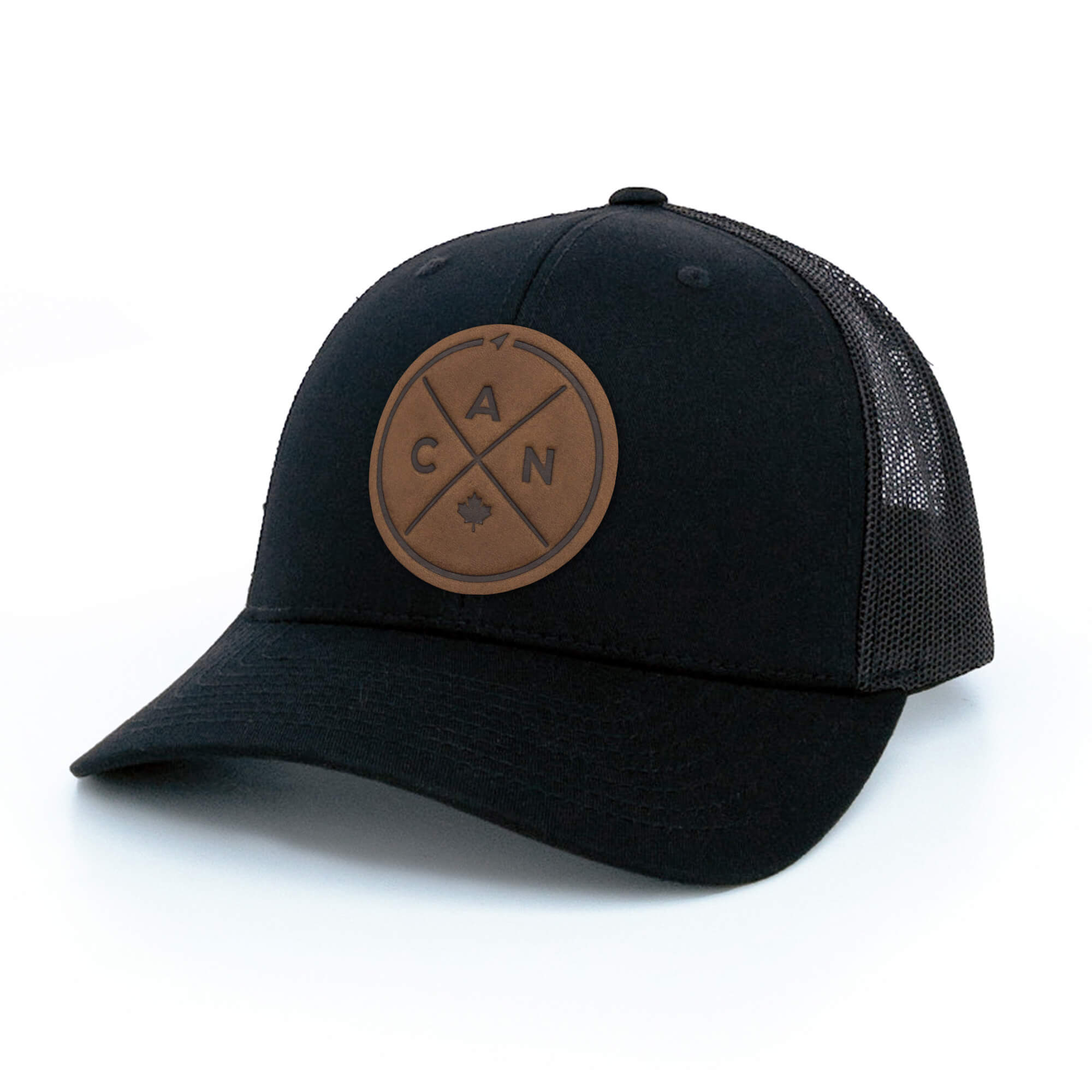 Black trucker hat with full-grain leather patch of Canada Compass | BLACK-002-011, CHARC-002-011, NAVY-002-011, HGREY-002-011, MOSS-002-011, BROWN-002-011, RED-002-011