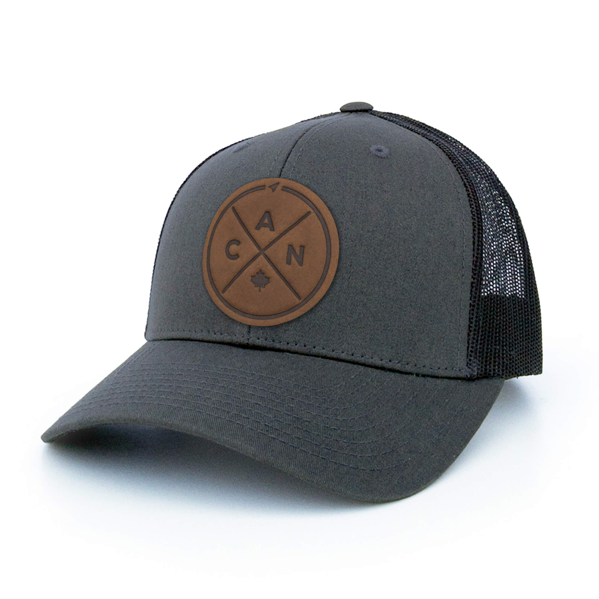 Charcoal trucker hat with full-grain leather patch of Canada Compass | BLACK-002-011, CHARC-002-011, NAVY-002-011, HGREY-002-011, MOSS-002-011, BROWN-002-011, RED-002-011
