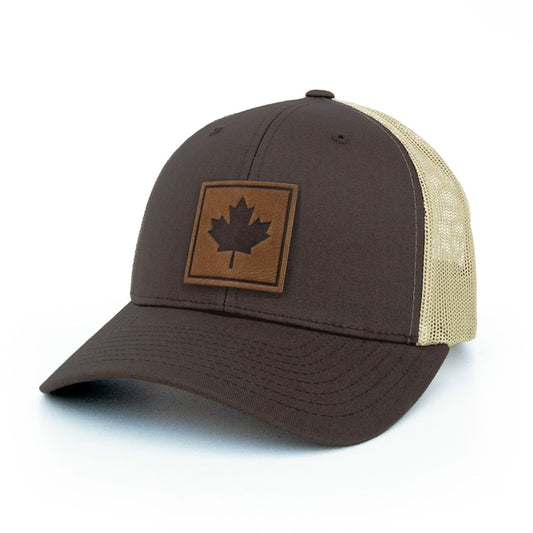 Maple Leaf Leather Patch Trucker Hat Square