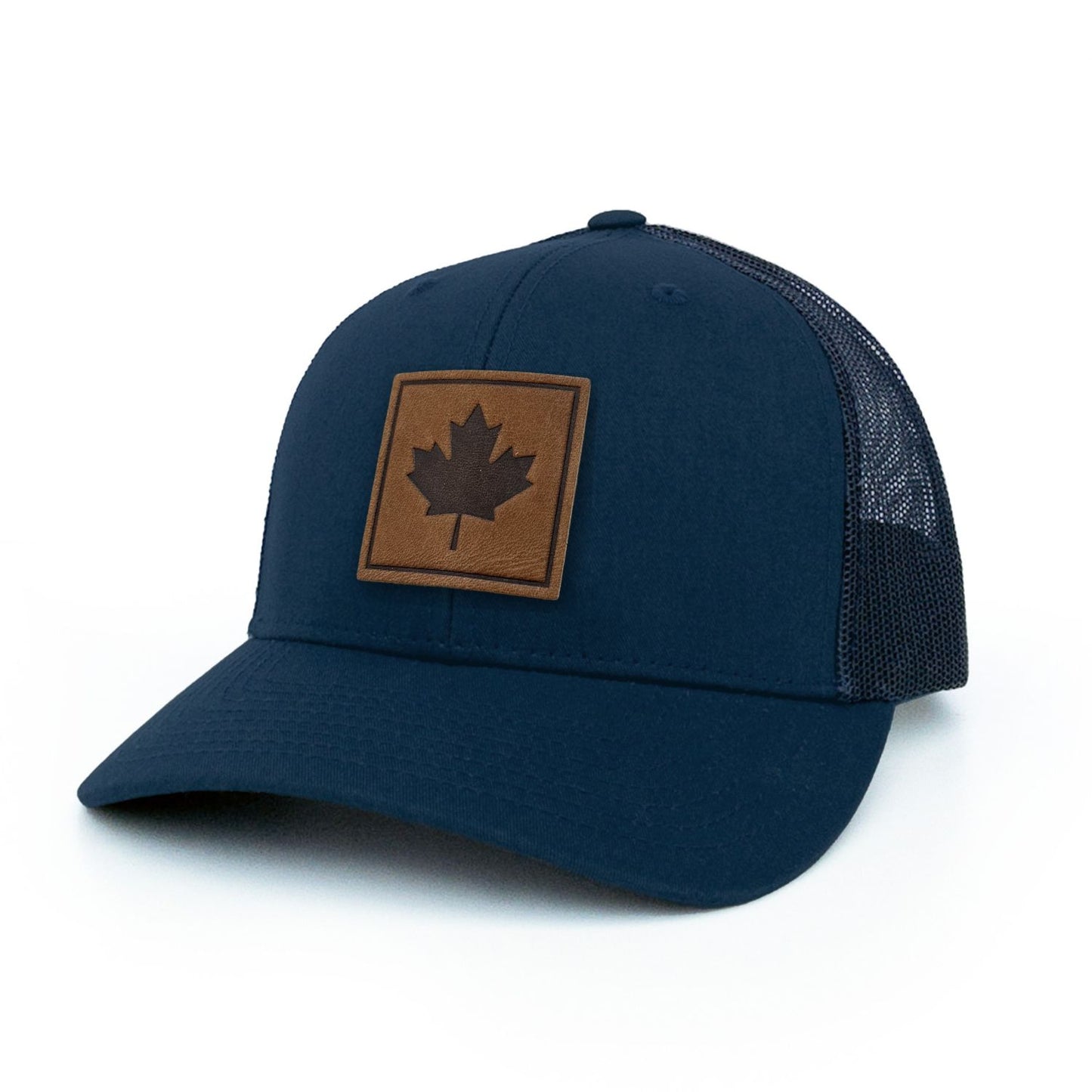 Maple Leaf Leather Patch Trucker Hat Square