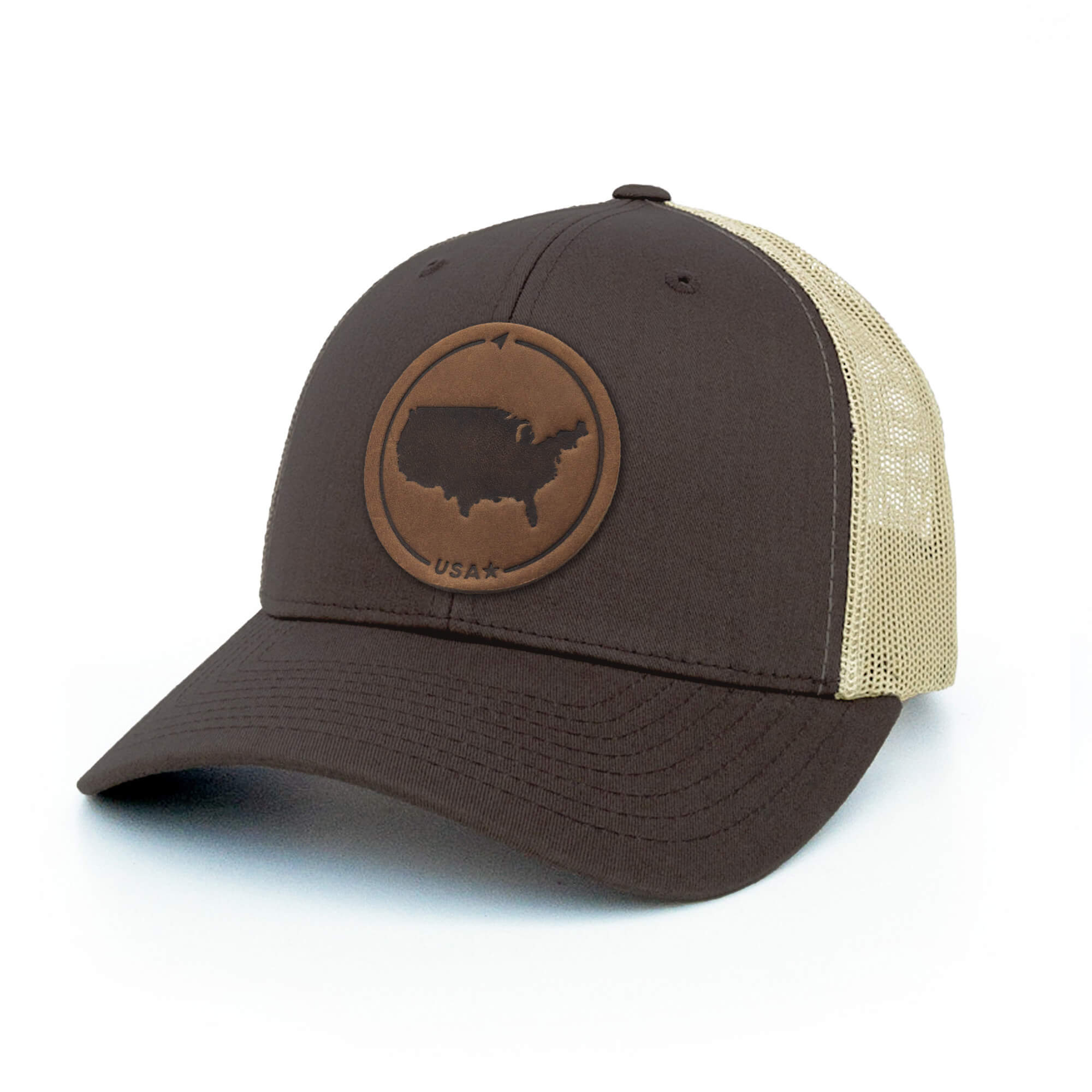 Brown and khaki trucker hat with full-grain leather patch of USA | BLACK-003-001, CHARC-003-001, NAVY-003-001, HGREY-003-001, MOSS-003-001, BROWN-003-001