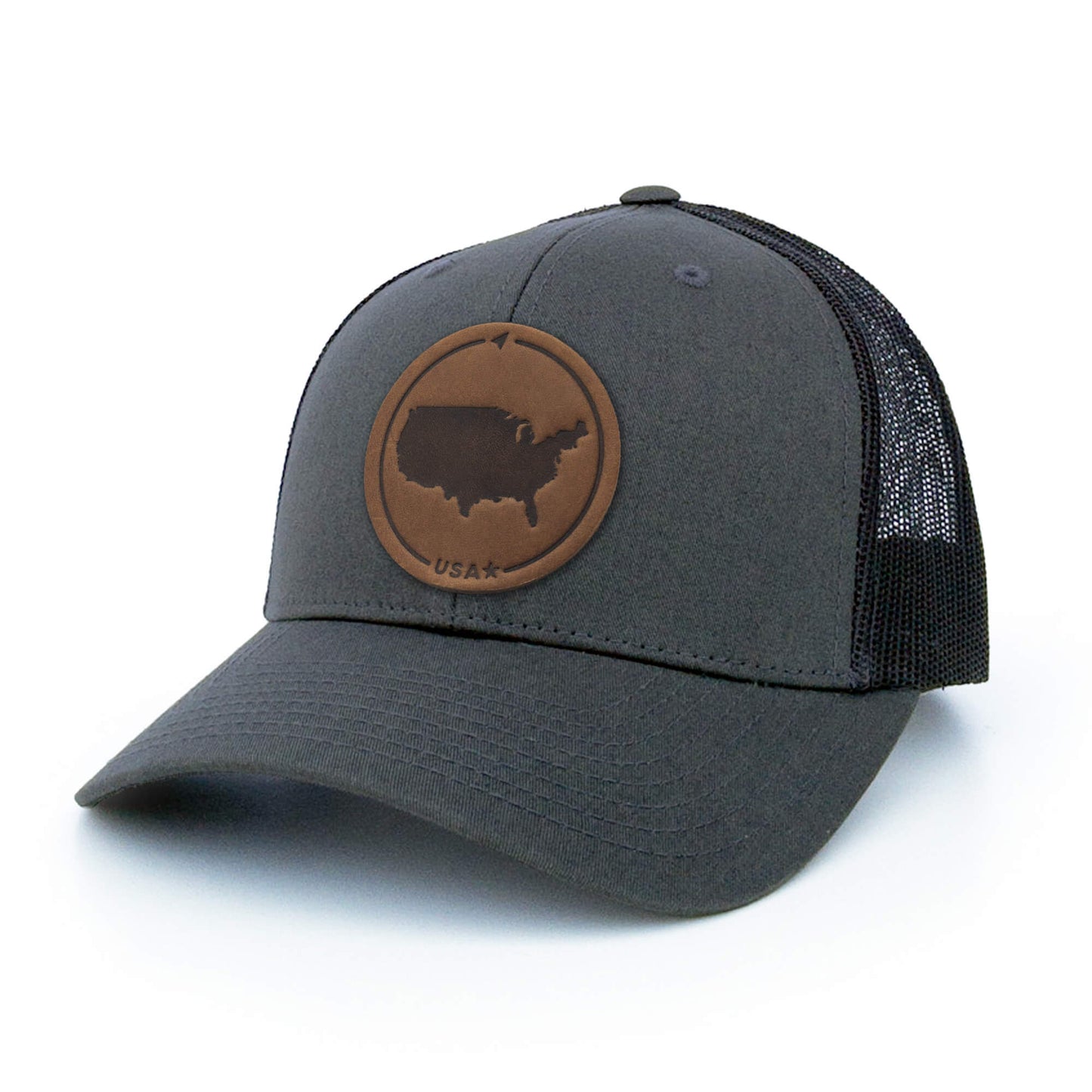 Charcoal trucker hat with full-grain leather patch of USA | BLACK-003-001, CHARC-003-001, NAVY-003-001, HGREY-003-001, MOSS-003-001, BROWN-003-001