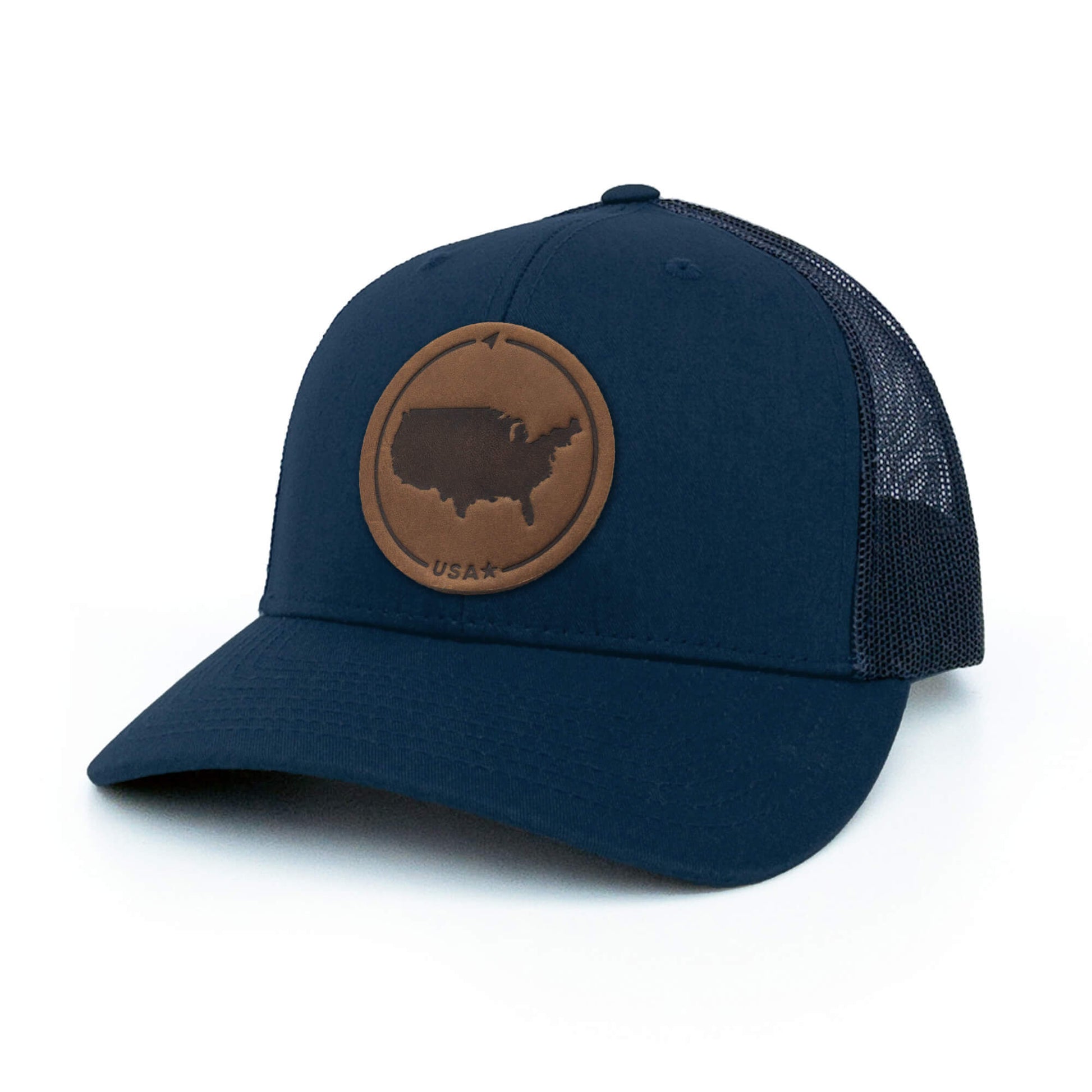 Navy trucker hat with full-grain leather patch of USA | BLACK-003-001, CHARC-003-001, NAVY-003-001, HGREY-003-001, MOSS-003-001, BROWN-003-001