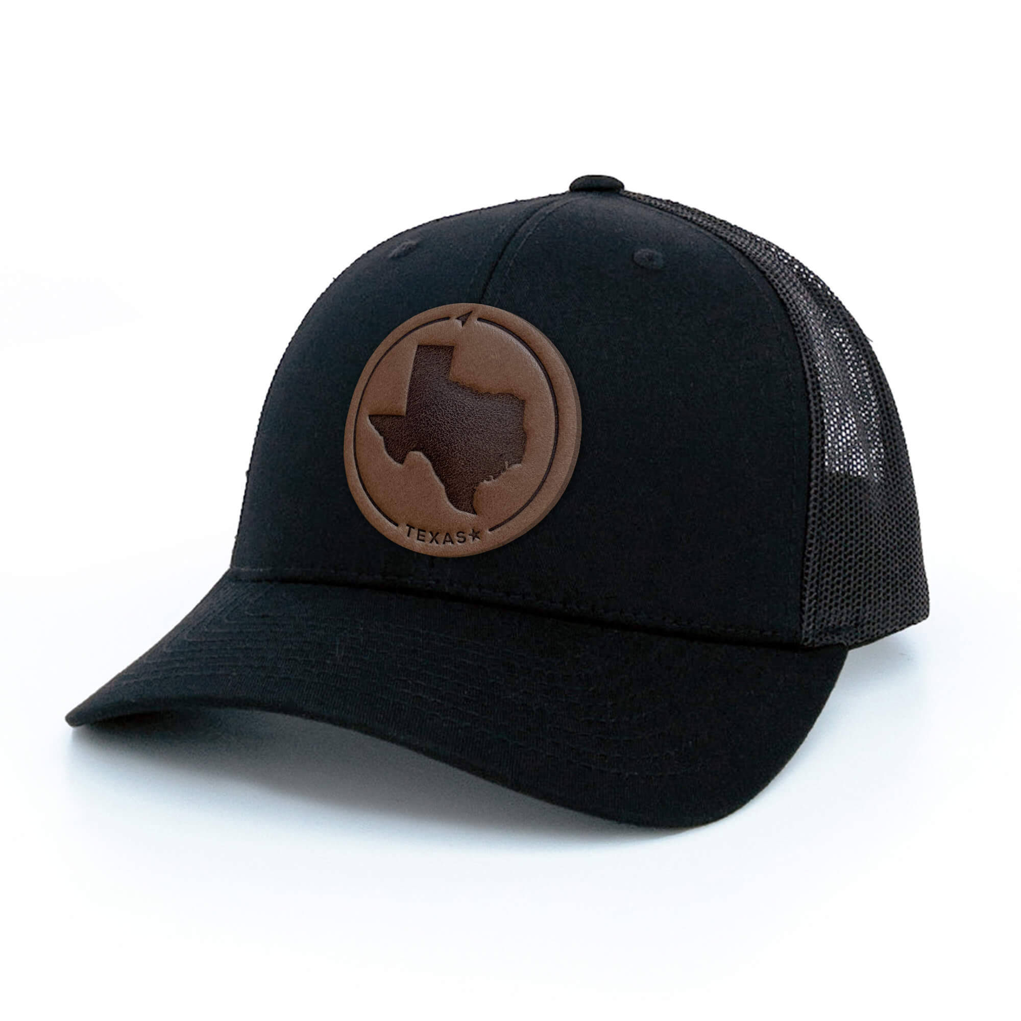 Black trucker hat with full-grain leather patch of Texas | BLACK-003-002, CHARC-003-002, NAVY-003-002, HGREY-003-002, MOSS-003-002, BROWN-003-002