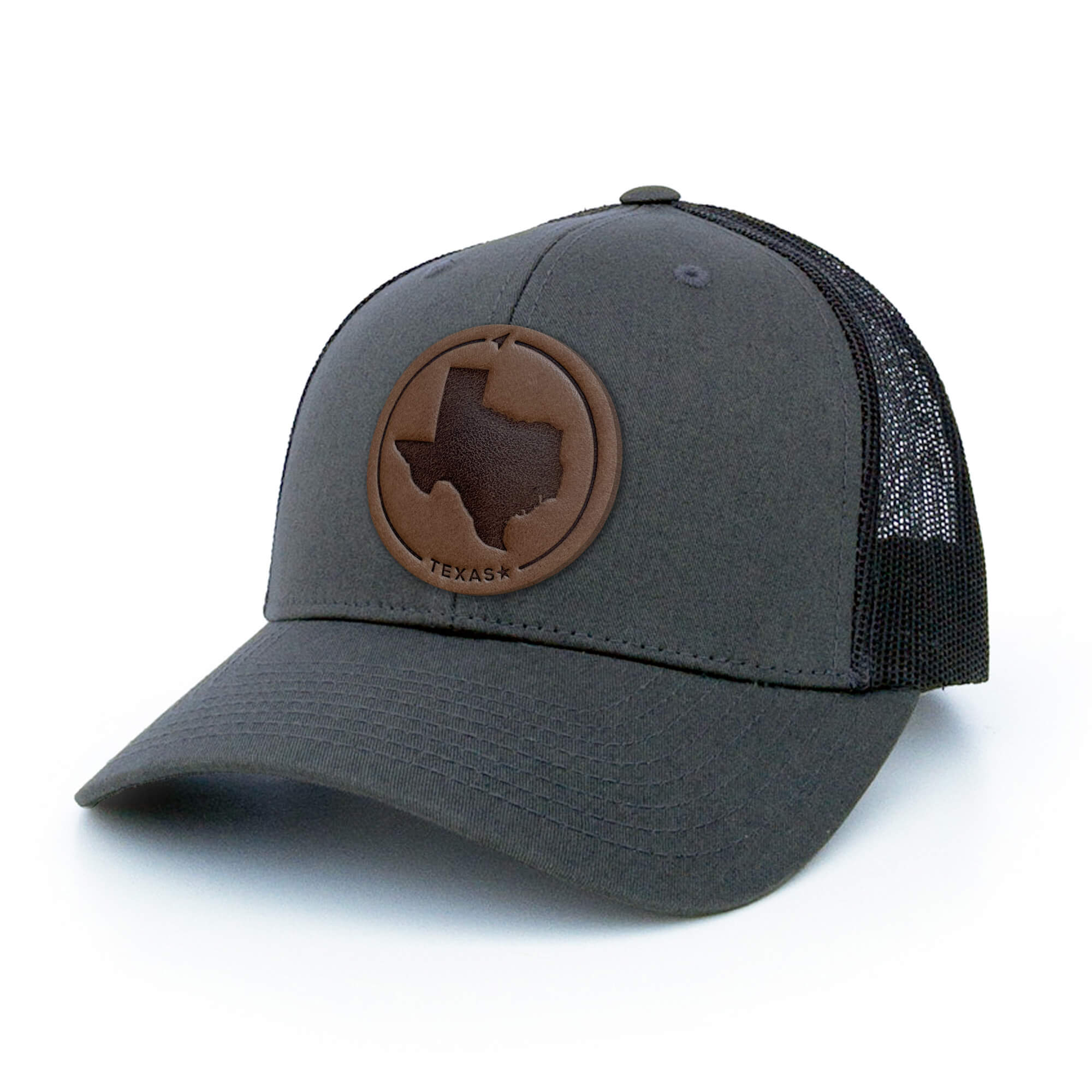 Charcoal trucker hat with full-grain leather patch of Texas | BLACK-003-002, CHARC-003-002, NAVY-003-002, HGREY-003-002, MOSS-003-002, BROWN-003-002