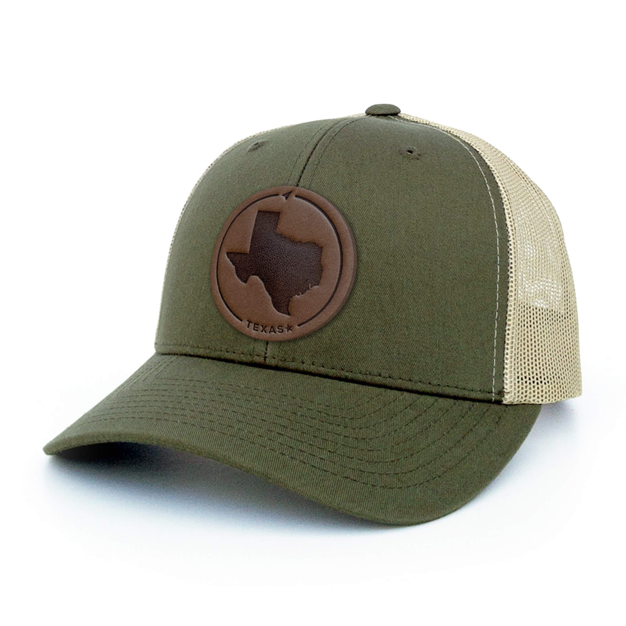Moss Green and khaki trucker hat with full-grain leather patch of Texas | BLACK-003-002, CHARC-003-002, NAVY-003-002, HGREY-003-002, MOSS-003-002, BROWN-003-002  Edit alt text