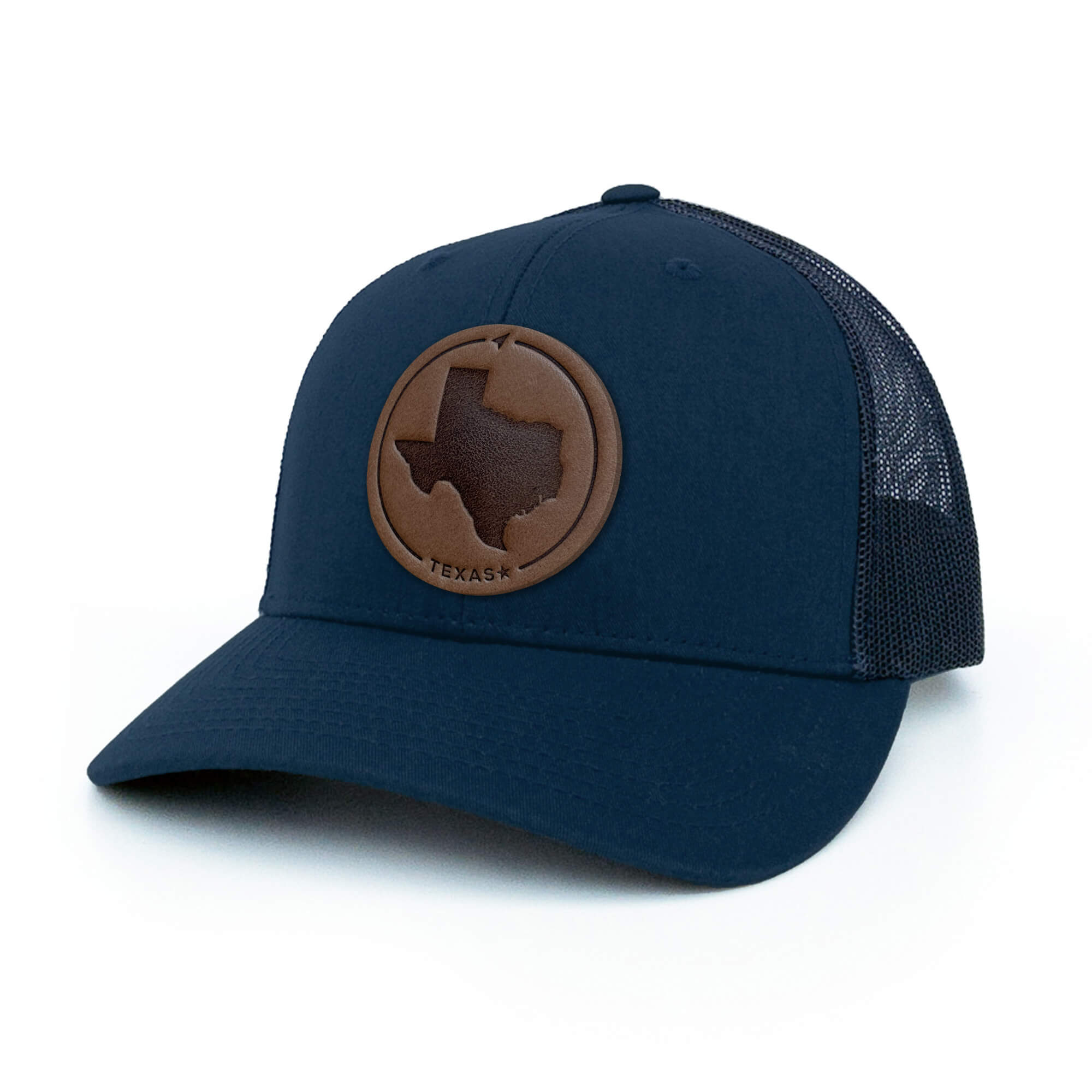 Navy trucker hat with full-grain leather patch of Texas | BLACK-003-002, CHARC-003-002, NAVY-003-002, HGREY-003-002, MOSS-003-002, BROWN-003-002