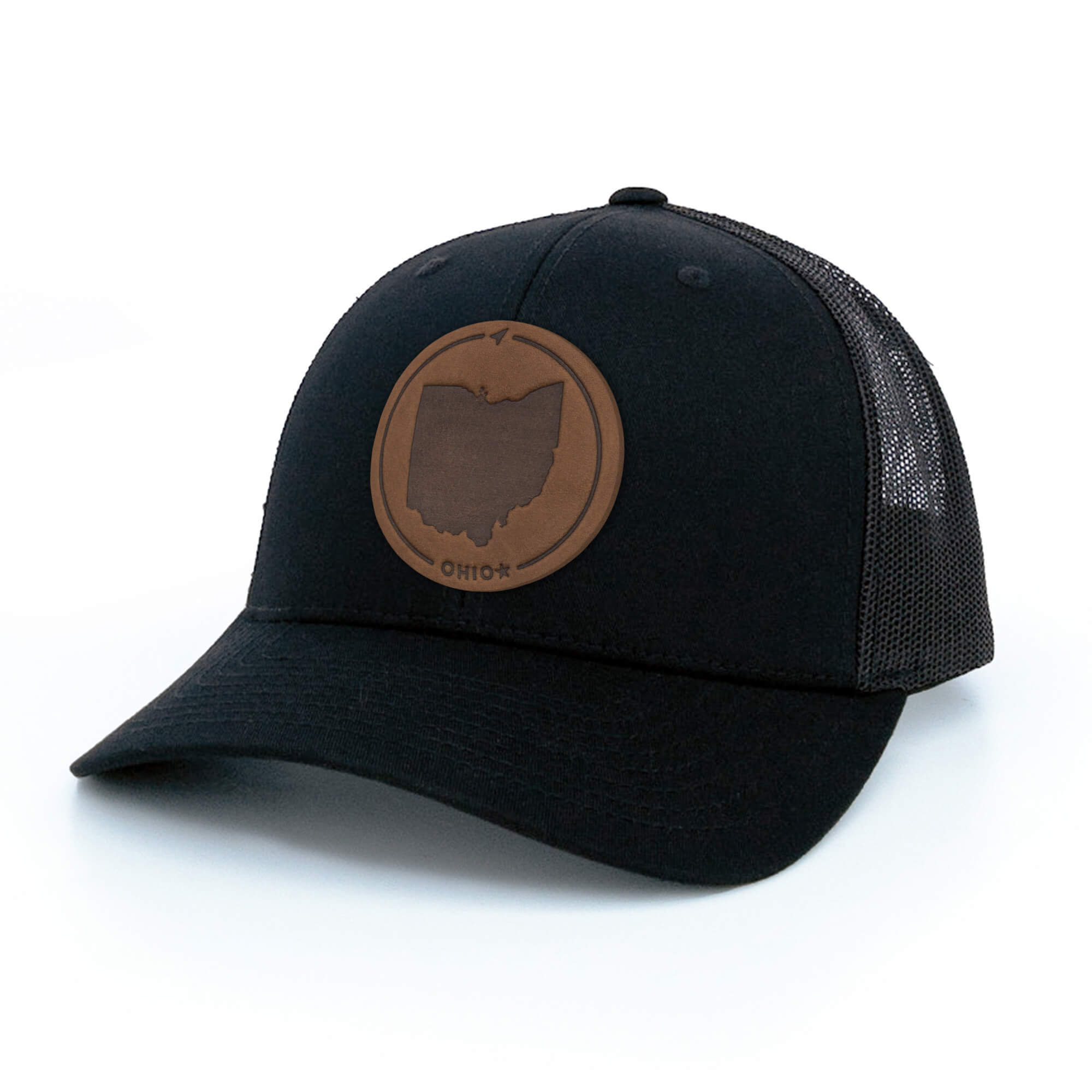 Black trucker hat with full-grain leather patch of Ohio | BLACK-003-004, CHARC-003-004, NAVY-003-004, HGREY-003-004, MOSS-003-004, BROWN-003-004