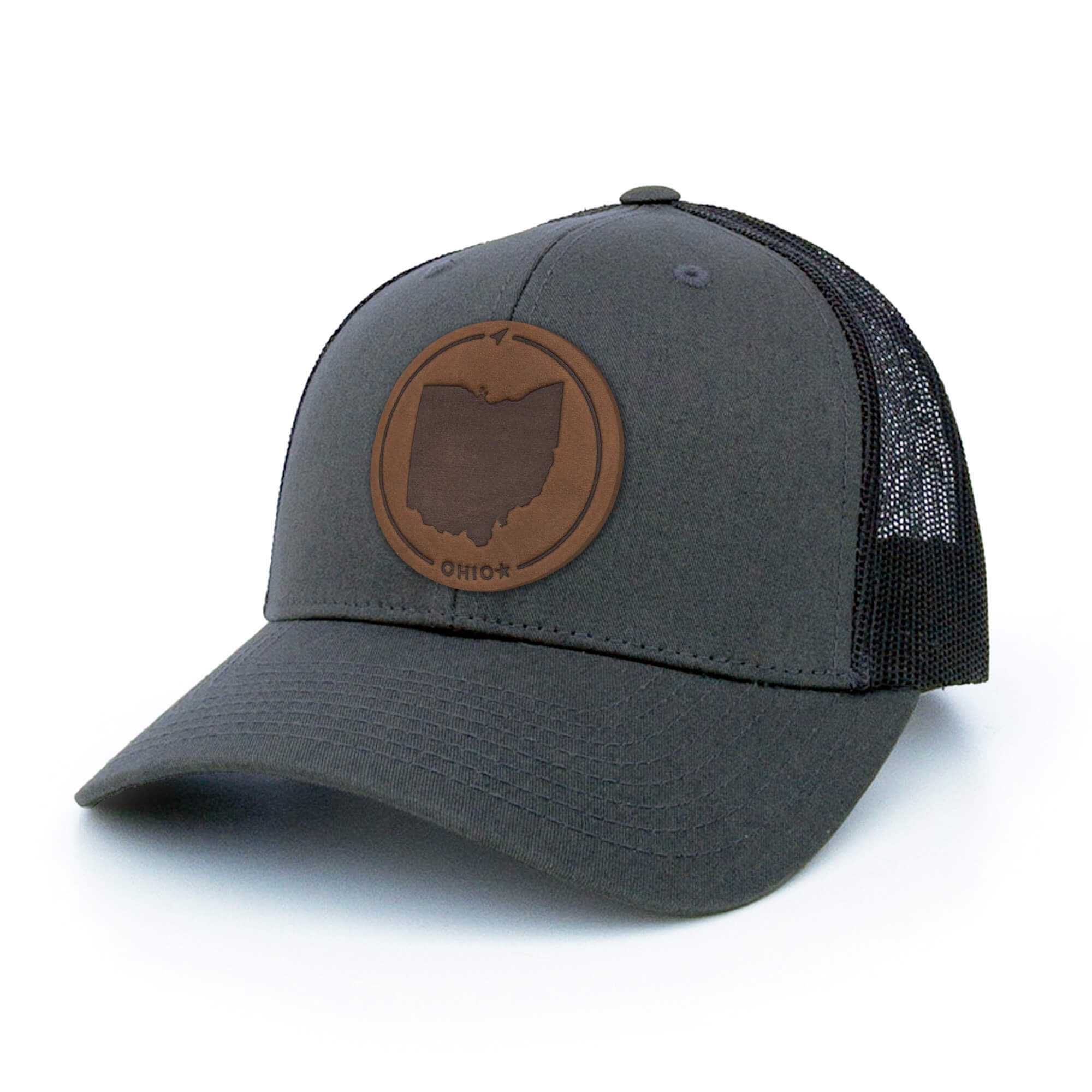 Charcoal trucker hat with full-grain leather patch of Ohio | BLACK-003-004, CHARC-003-004, NAVY-003-004, HGREY-003-004, MOSS-003-004, BROWN-003-004