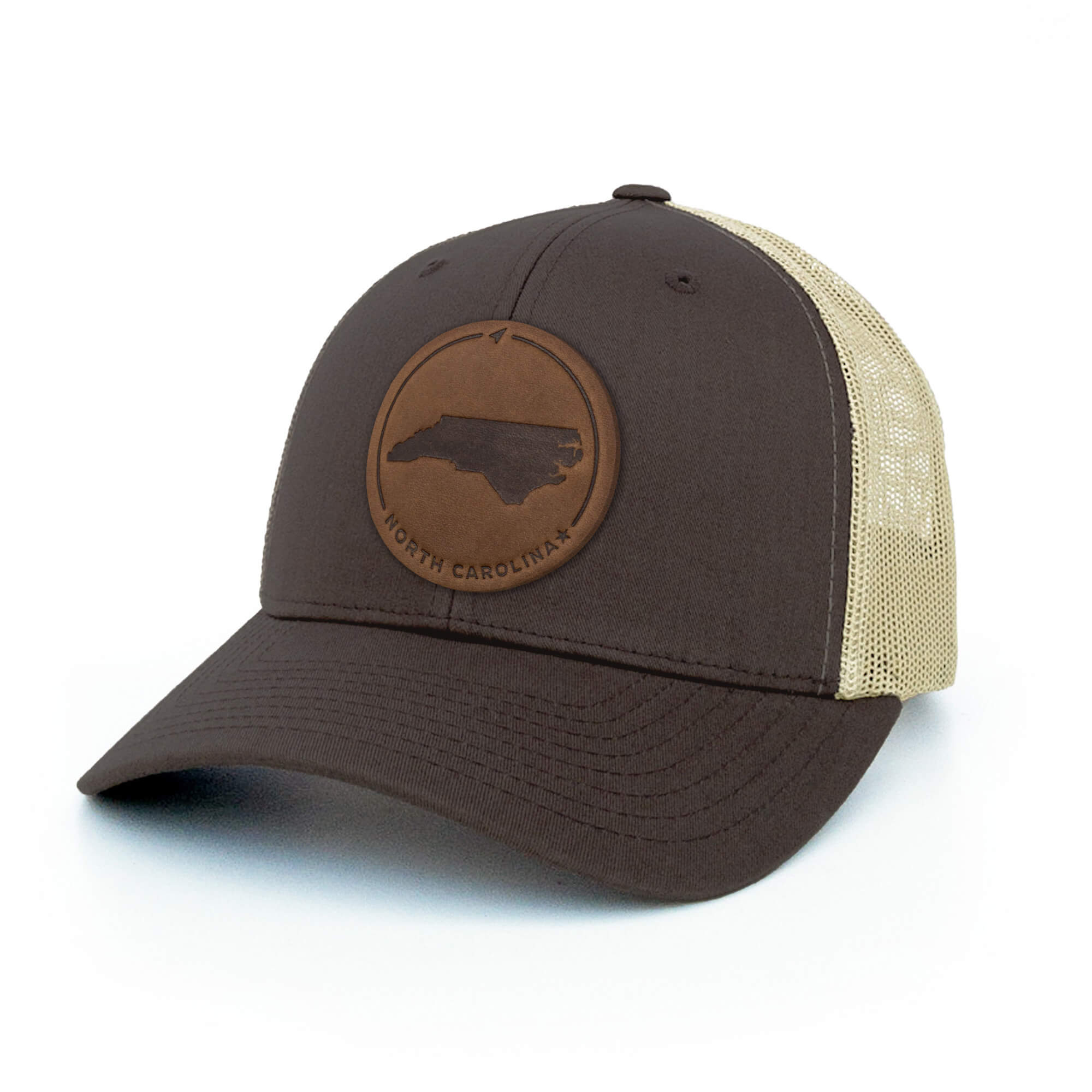 Brown and khaki trucker hat with full-grain leather patch of North Carolina | BLACK-003-005, CHARC-003-005, NAVY-003-005, HGREY-003-005, MOSS-003-005, BROWN-003-005